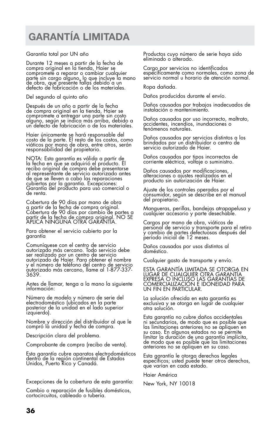 Garantía limitada | haier CHDE5300AW User Manual | Page 106 / 107