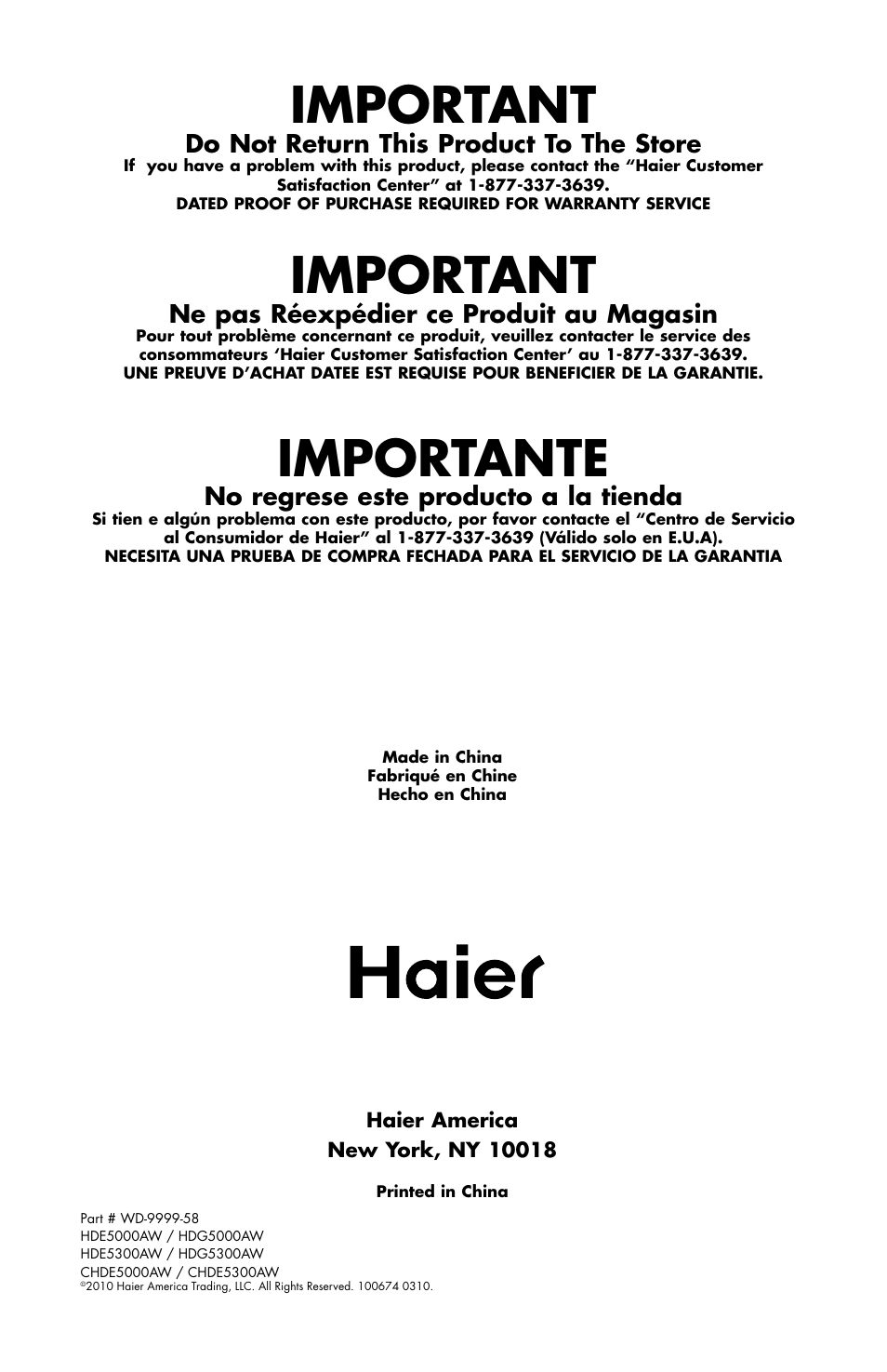 Important, Importante, Do not return this product to the store | Ne pas réexpédier ce produit au magasin, No regrese este producto a la tienda | haier CHDE5300AW User Manual | Page 107 / 107