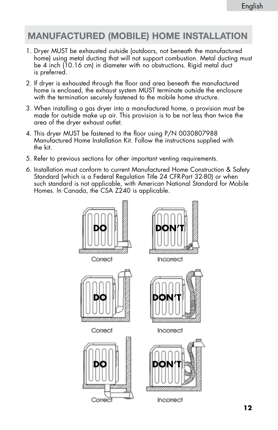 Manufactured (mobile) home installation, Do don’t don’t don’t do do | haier CHDE5300AW User Manual | Page 13 / 107