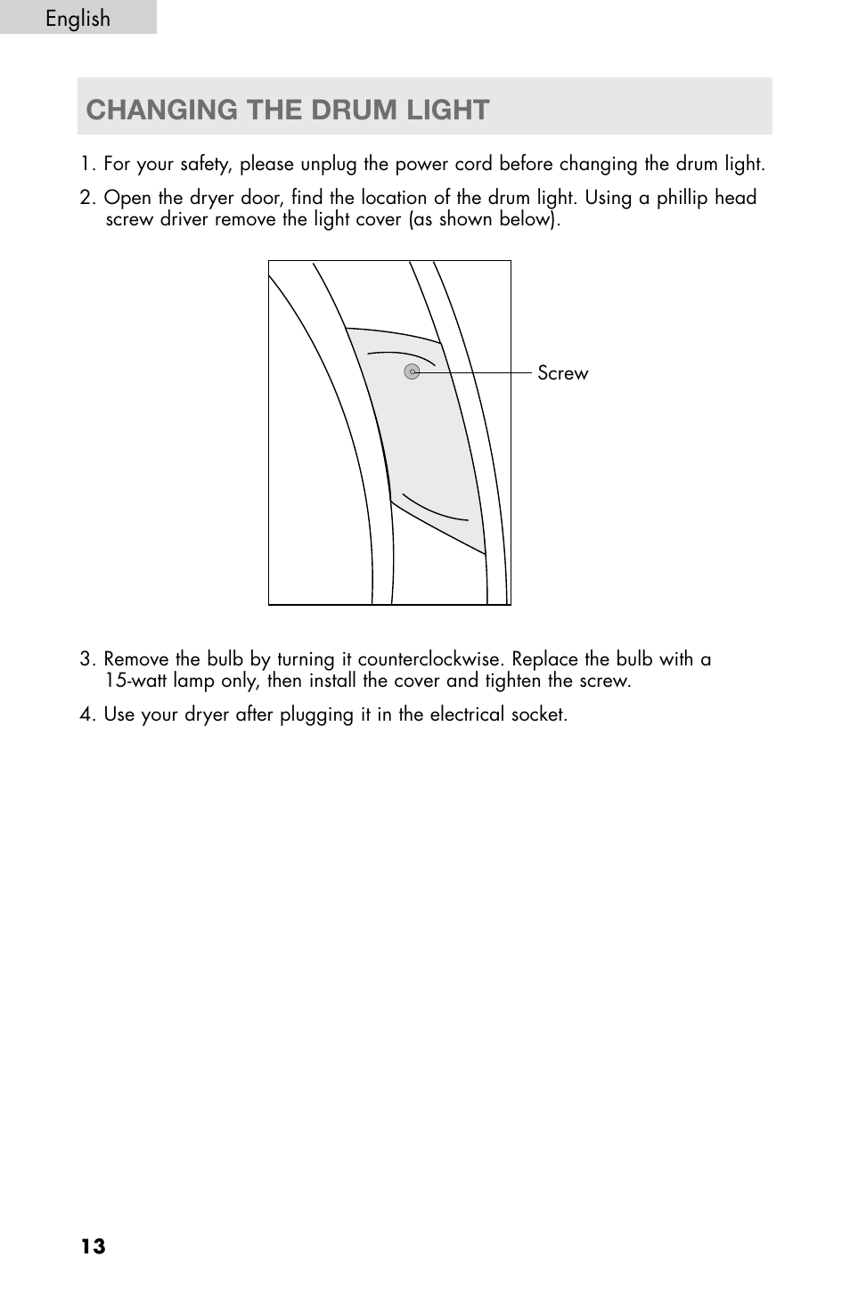 Changing the drum light | haier CHDE5300AW User Manual | Page 14 / 107