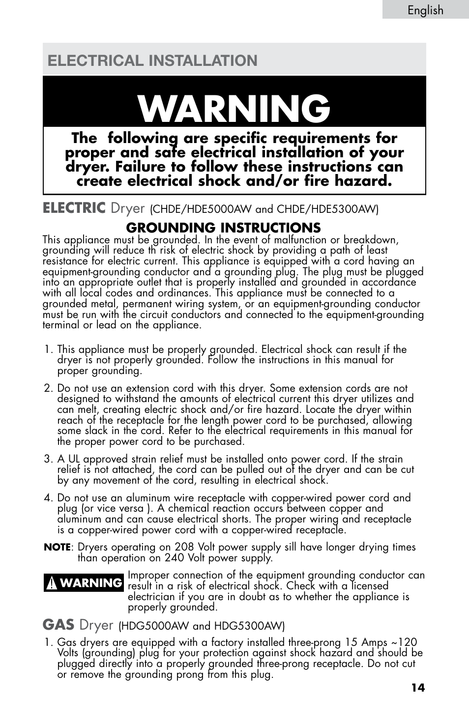 Warning, Electrical installation, Electric dryer | Gas dryer | haier CHDE5300AW User Manual | Page 15 / 107