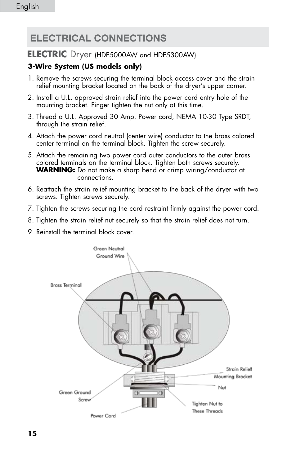 Electrical connections, Electric dryer | haier CHDE5300AW User Manual | Page 16 / 107