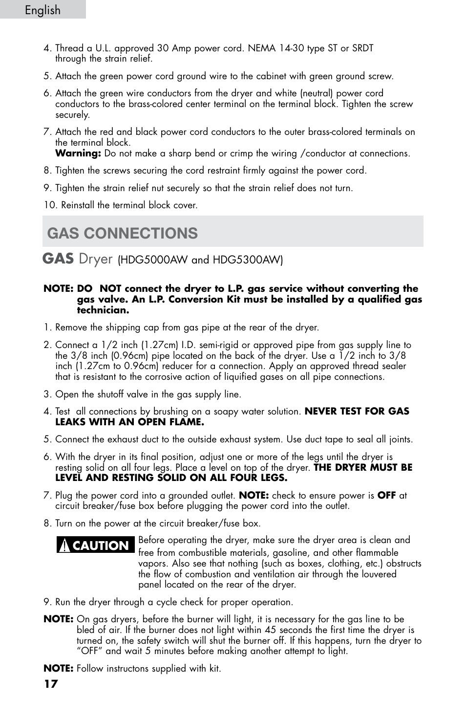 Gas connections, Gas dryer, English | haier CHDE5300AW User Manual | Page 18 / 107