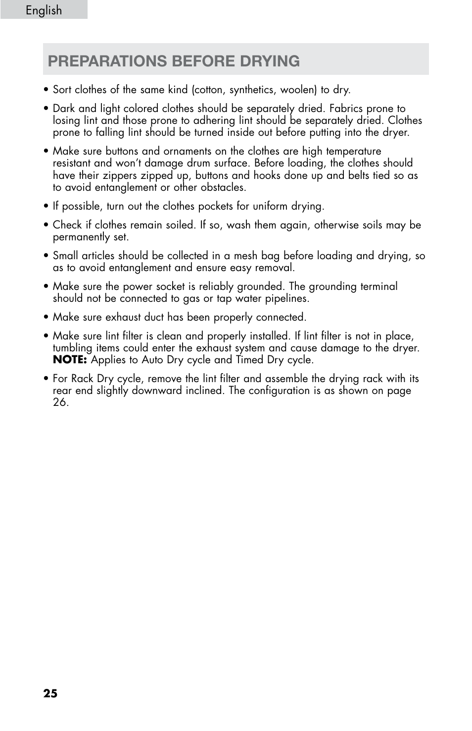 Preparations before drying | haier CHDE5300AW User Manual | Page 26 / 107