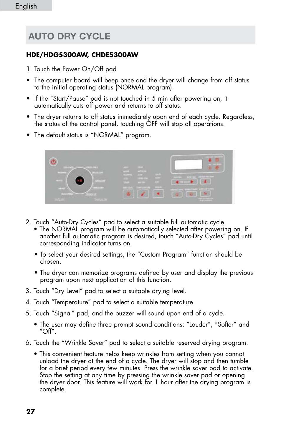 Auto dry cycle | haier CHDE5300AW User Manual | Page 28 / 107
