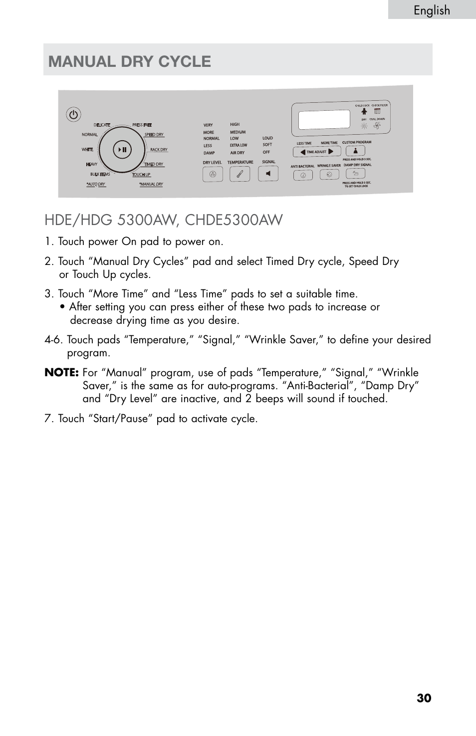 Manual dry cycle | haier CHDE5300AW User Manual | Page 31 / 107