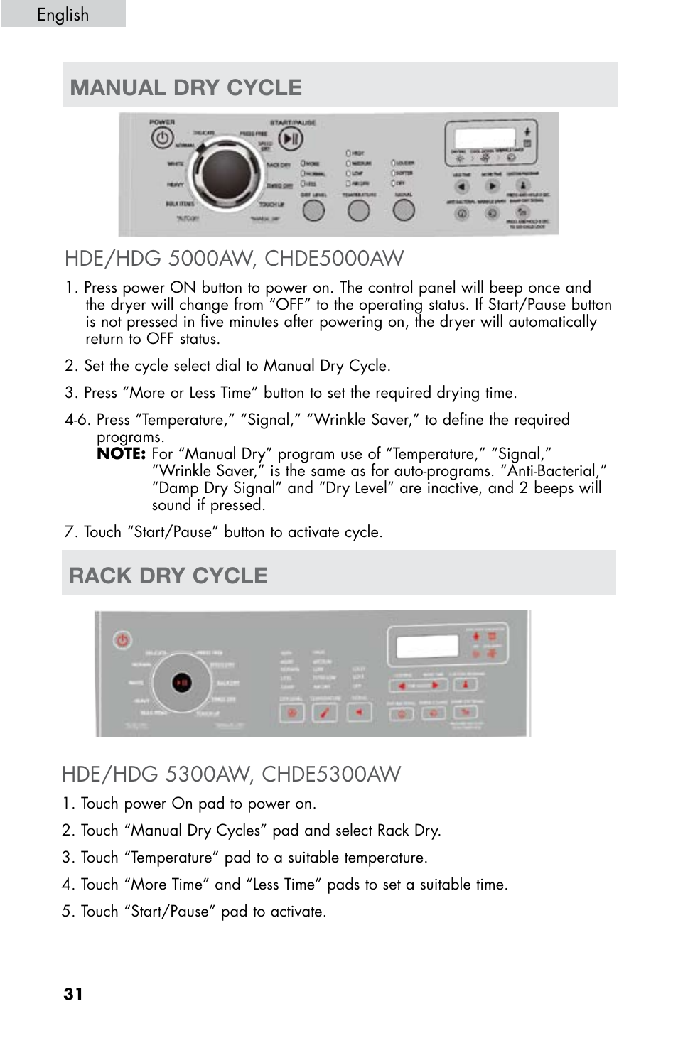 Manual dry cycle rack dry cycle | haier CHDE5300AW User Manual | Page 32 / 107