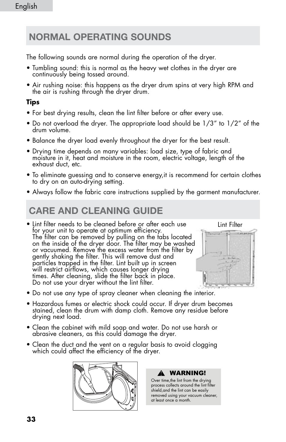 Normal operating sounds care and cleaning guide, English | haier CHDE5300AW User Manual | Page 34 / 107