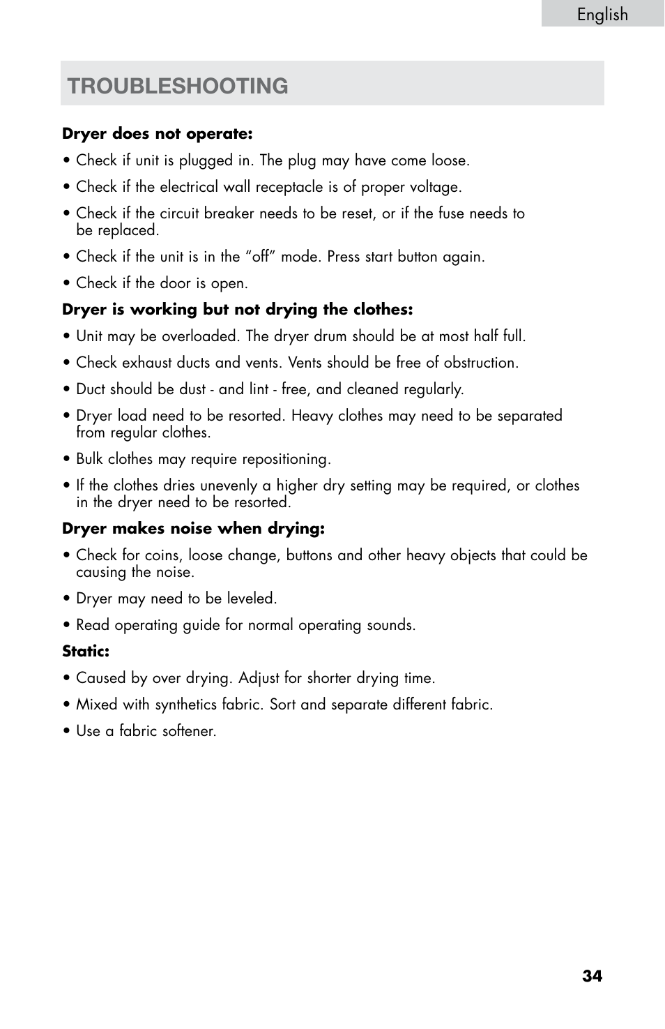 Troubleshooting | haier CHDE5300AW User Manual | Page 35 / 107