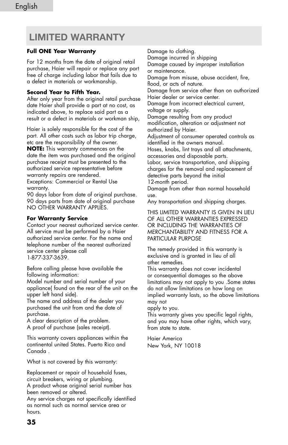 Limited warranty, English | haier CHDE5300AW User Manual | Page 36 / 107