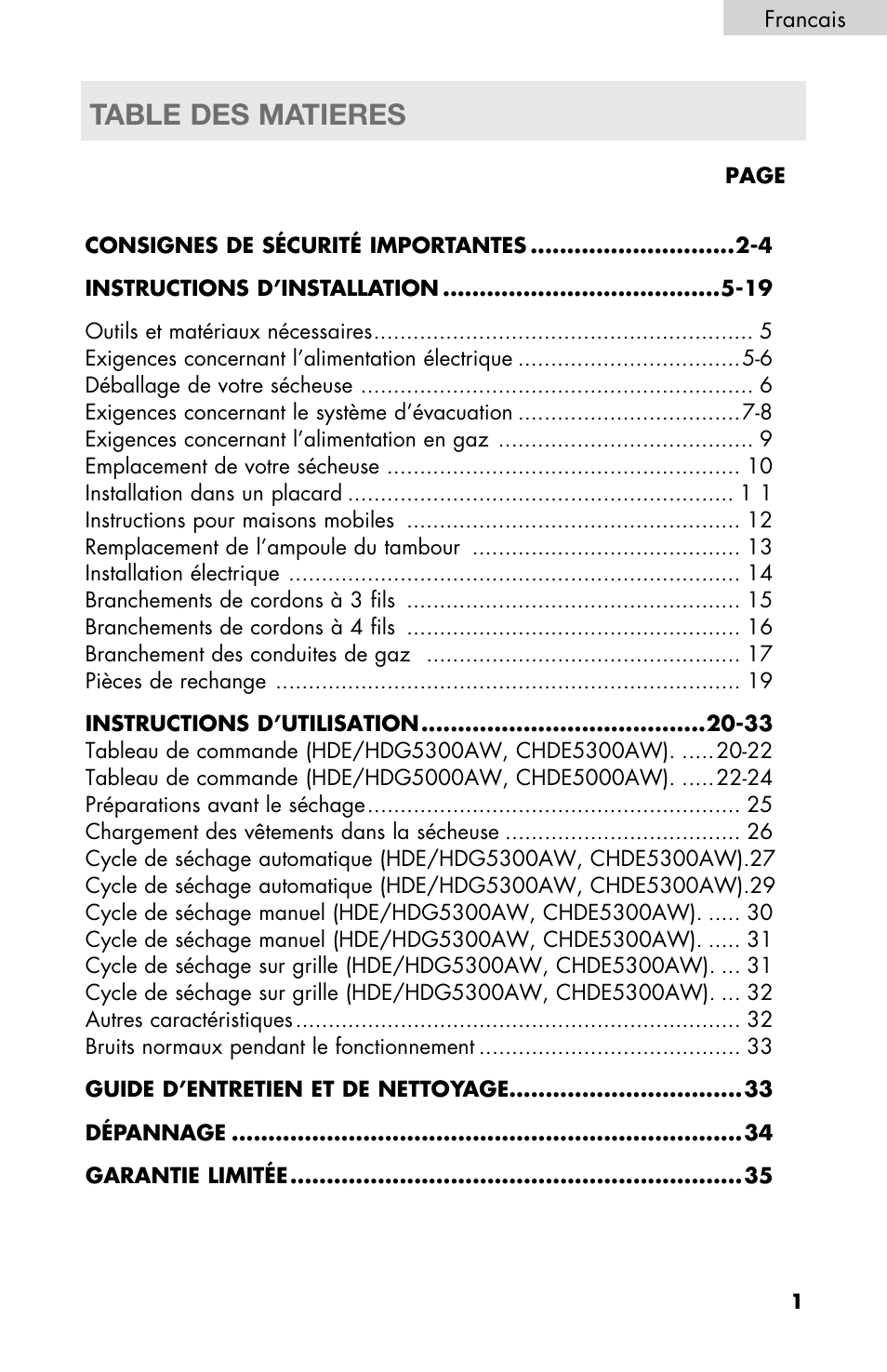 Table des matieres | haier CHDE5300AW User Manual | Page 37 / 107