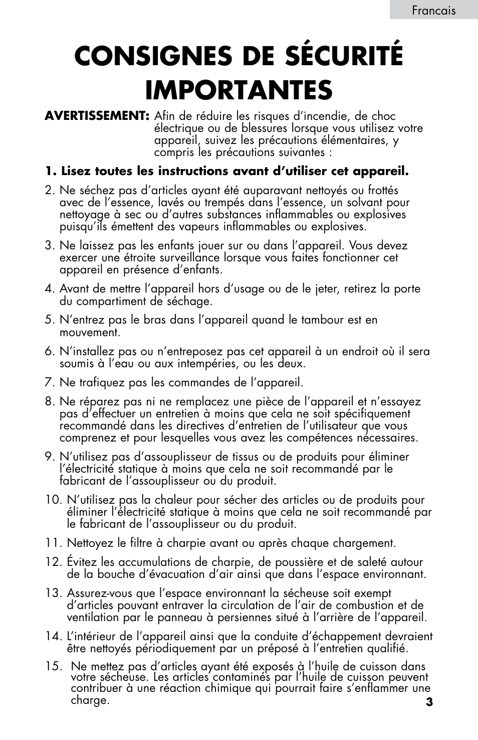 Consignes de sécurité importantes | haier CHDE5300AW User Manual | Page 39 / 107
