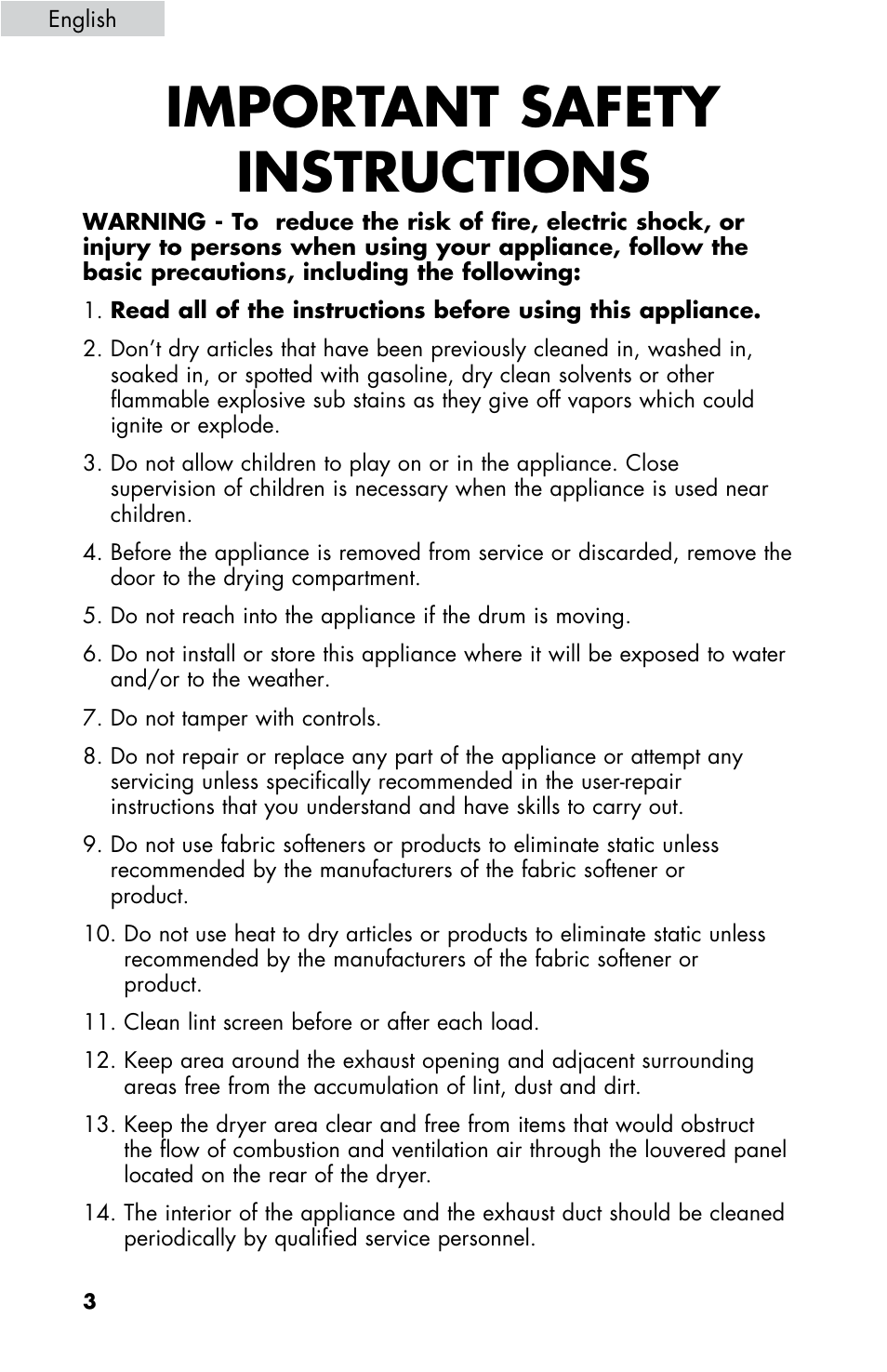 Important safety instructions | haier CHDE5300AW User Manual | Page 4 / 107