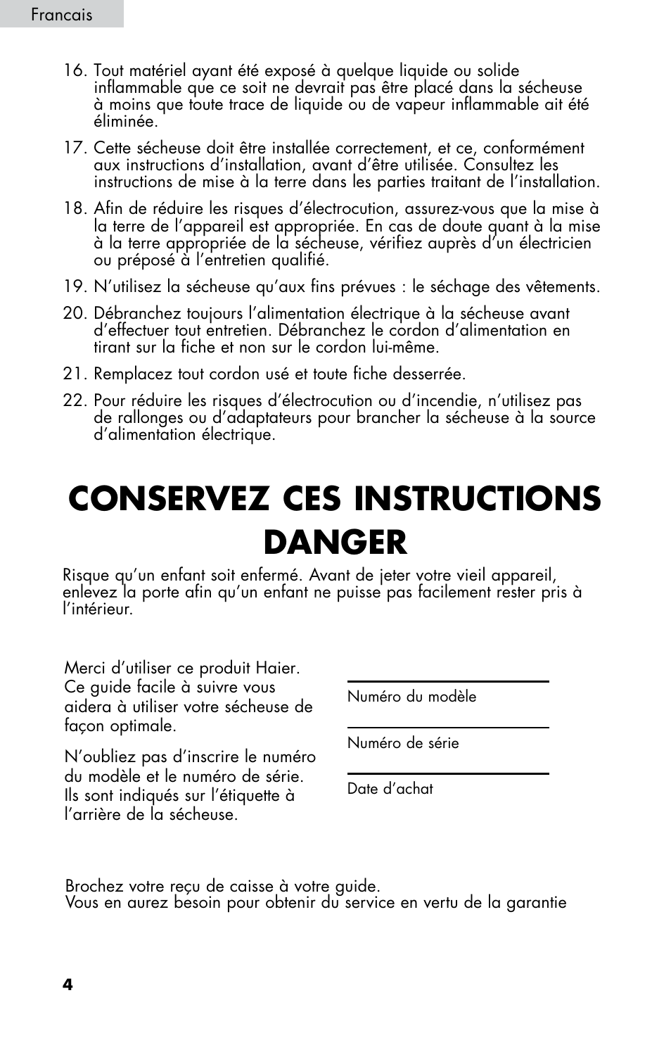 Conservez ces instructions danger | haier CHDE5300AW User Manual | Page 40 / 107