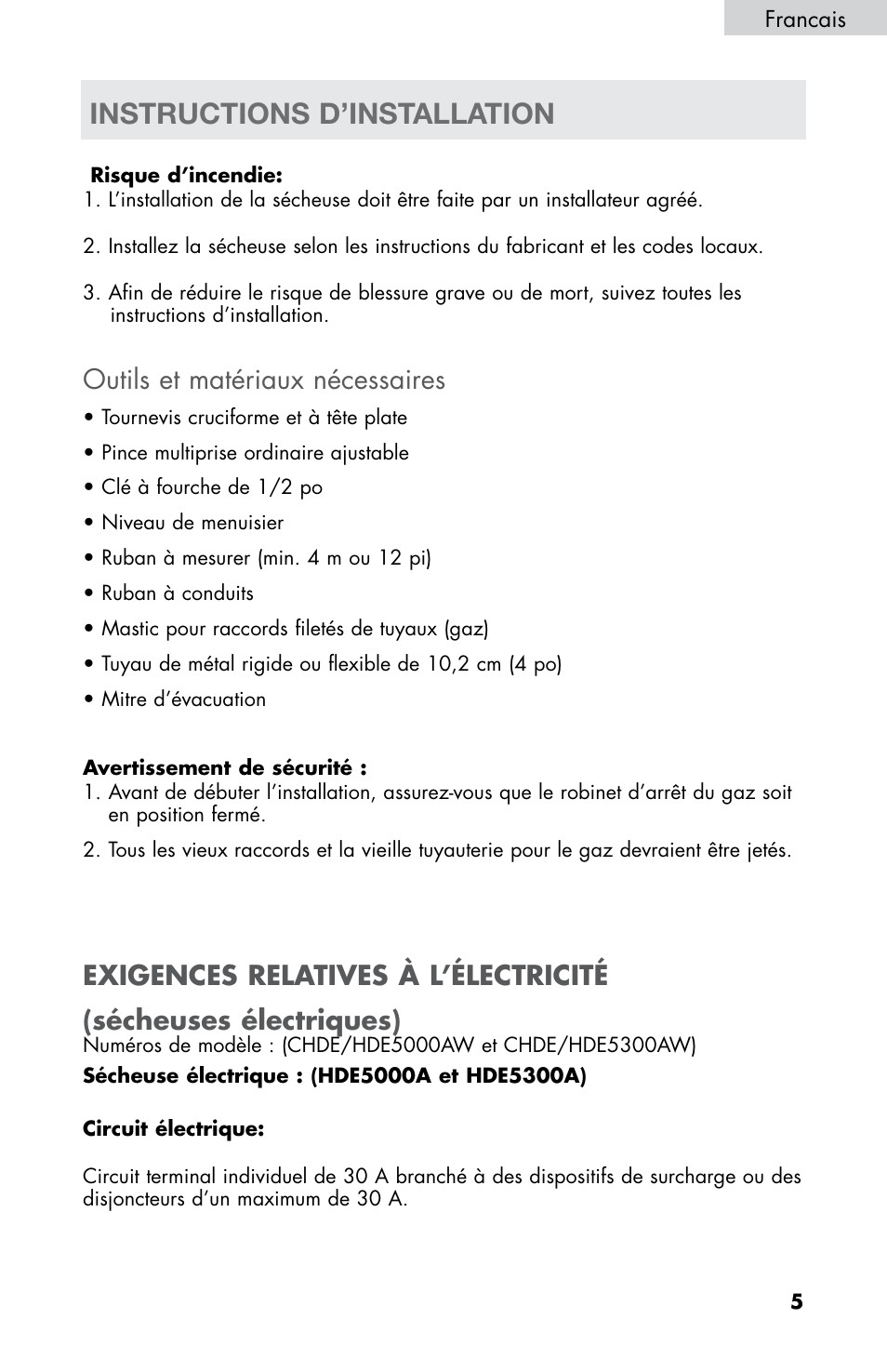 Instructions d’installation, Outils et matériaux nécessaires | haier CHDE5300AW User Manual | Page 41 / 107