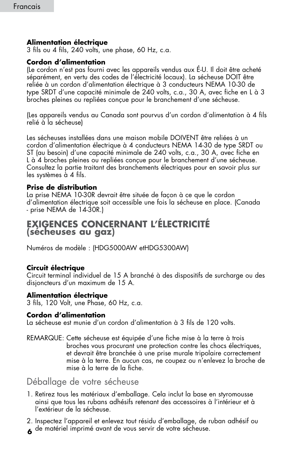 Déballage de votre sécheuse | haier CHDE5300AW User Manual | Page 42 / 107
