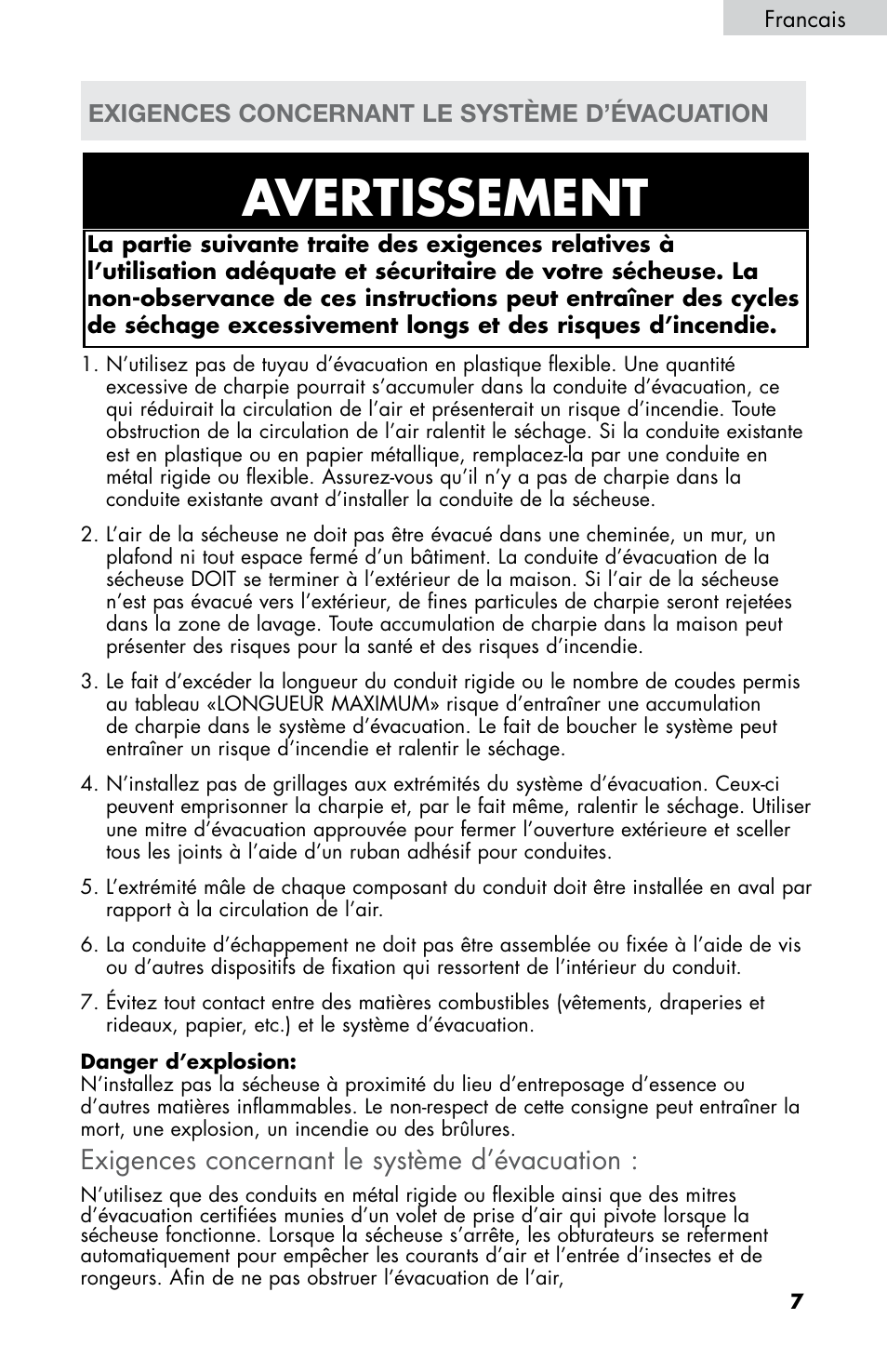 Avertissement, Exigences concernant le système d’évacuation | haier CHDE5300AW User Manual | Page 43 / 107