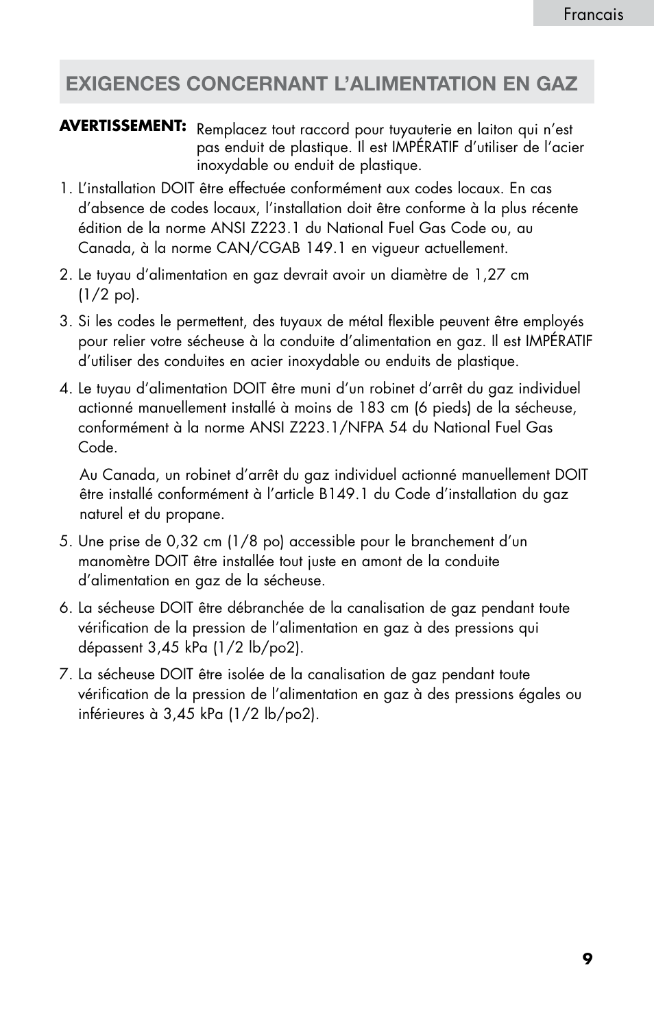 Exigences concernant l’alimentation en gaz | haier CHDE5300AW User Manual | Page 45 / 107