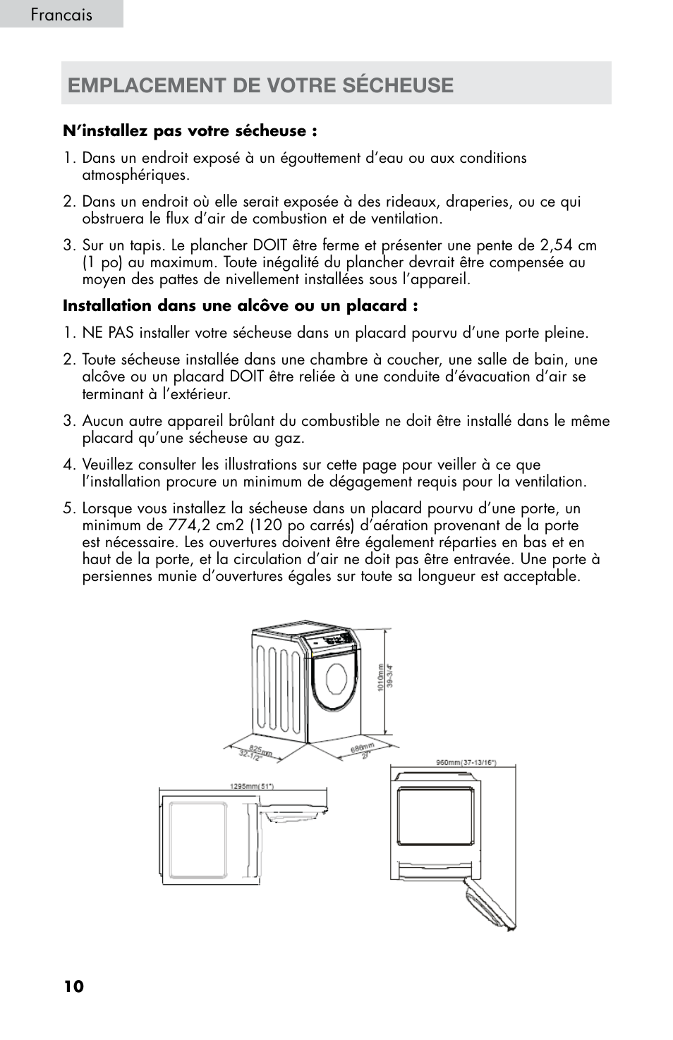 Emplacement de votre sécheuse | haier CHDE5300AW User Manual | Page 46 / 107