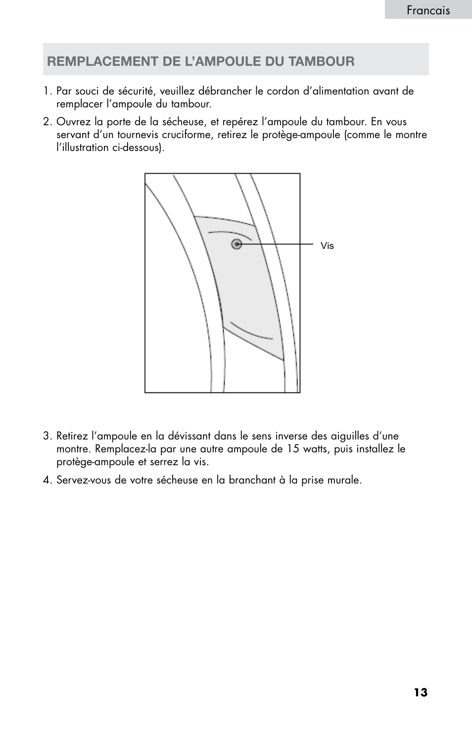 Remplacement de l’ampoule du tambour | haier CHDE5300AW User Manual | Page 49 / 107