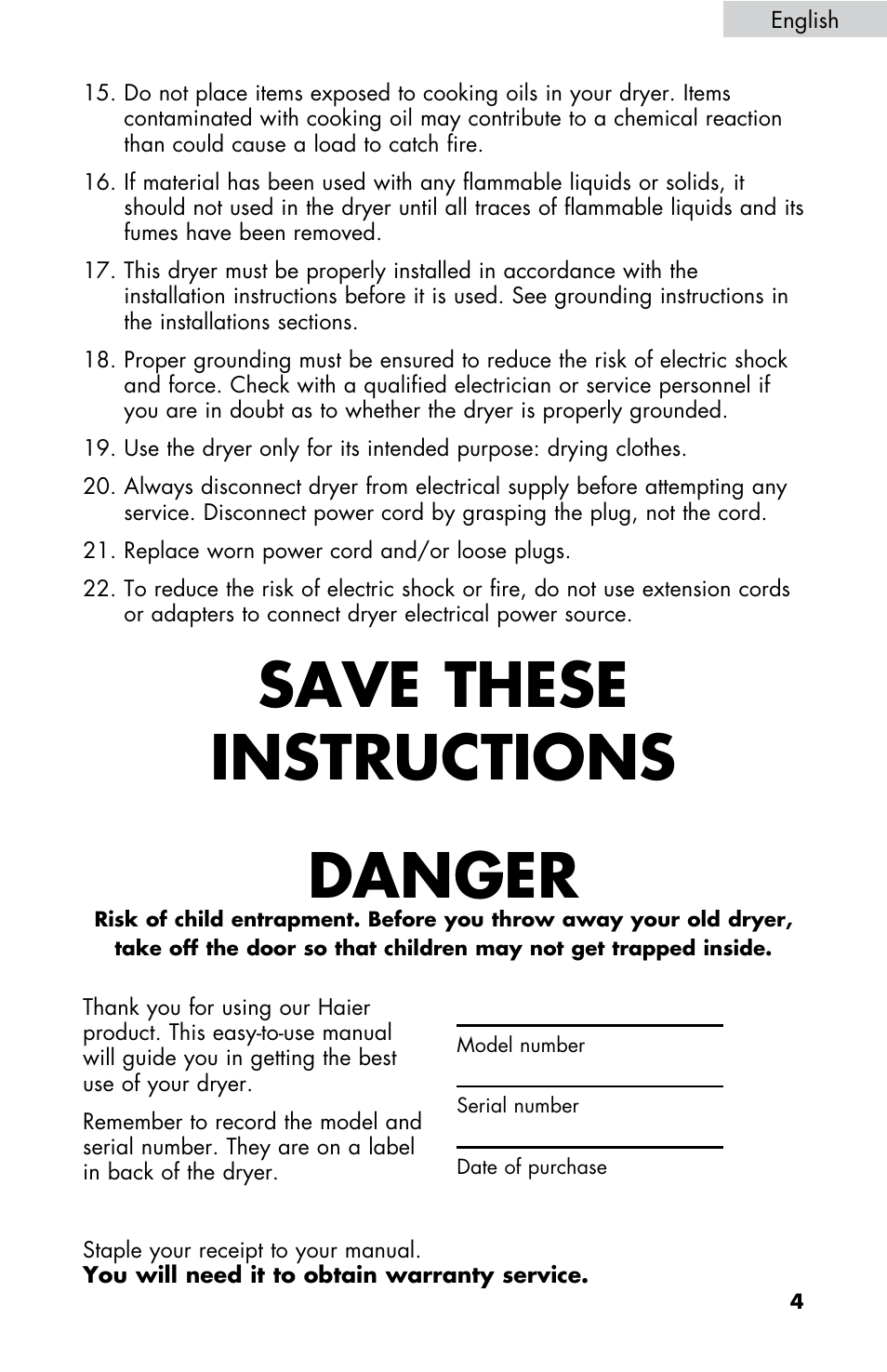 Save these instructions danger | haier CHDE5300AW User Manual | Page 5 / 107