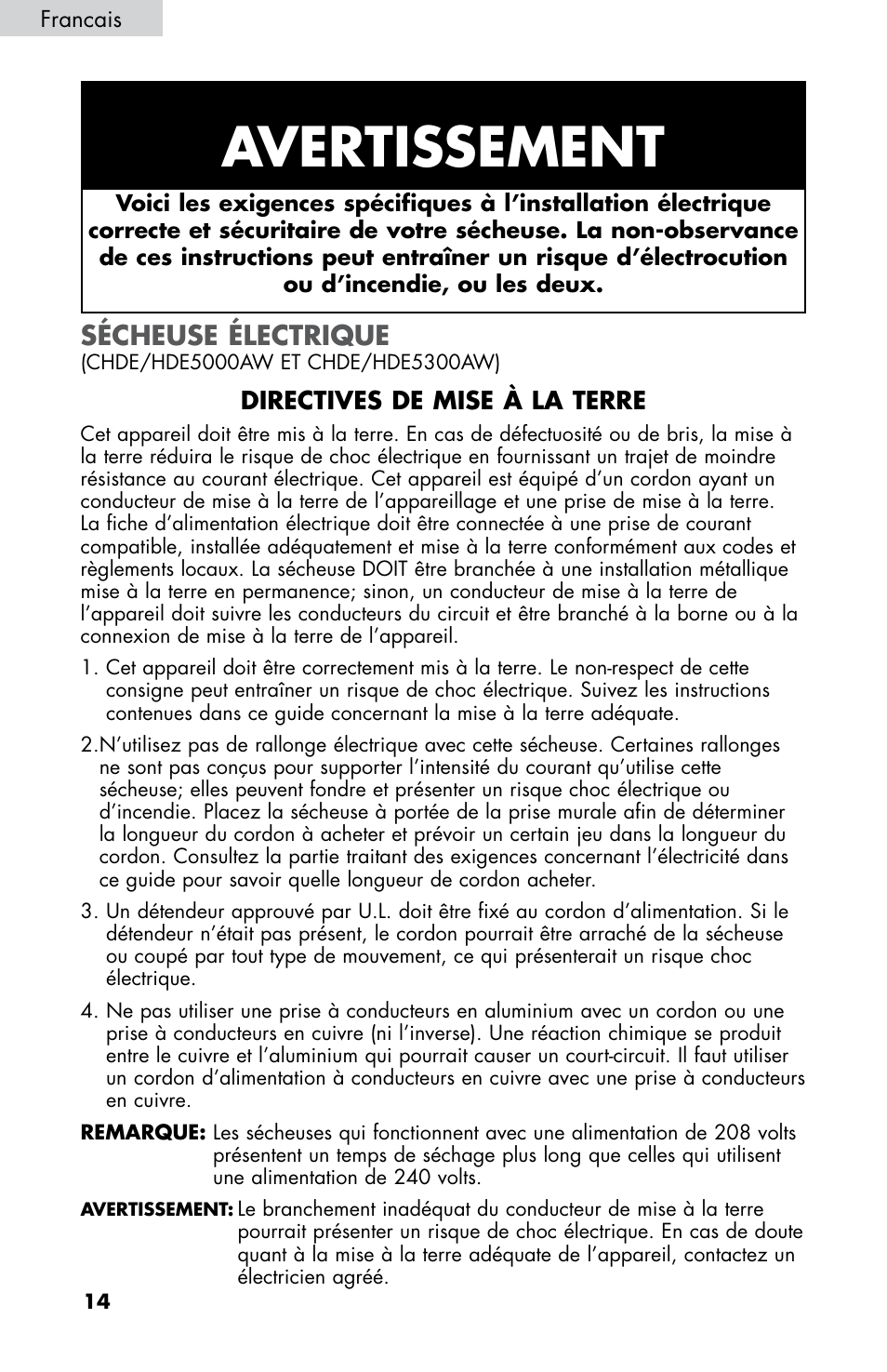 Avertissement, Sécheuse électrique, Directives de mise à la terre | haier CHDE5300AW User Manual | Page 50 / 107