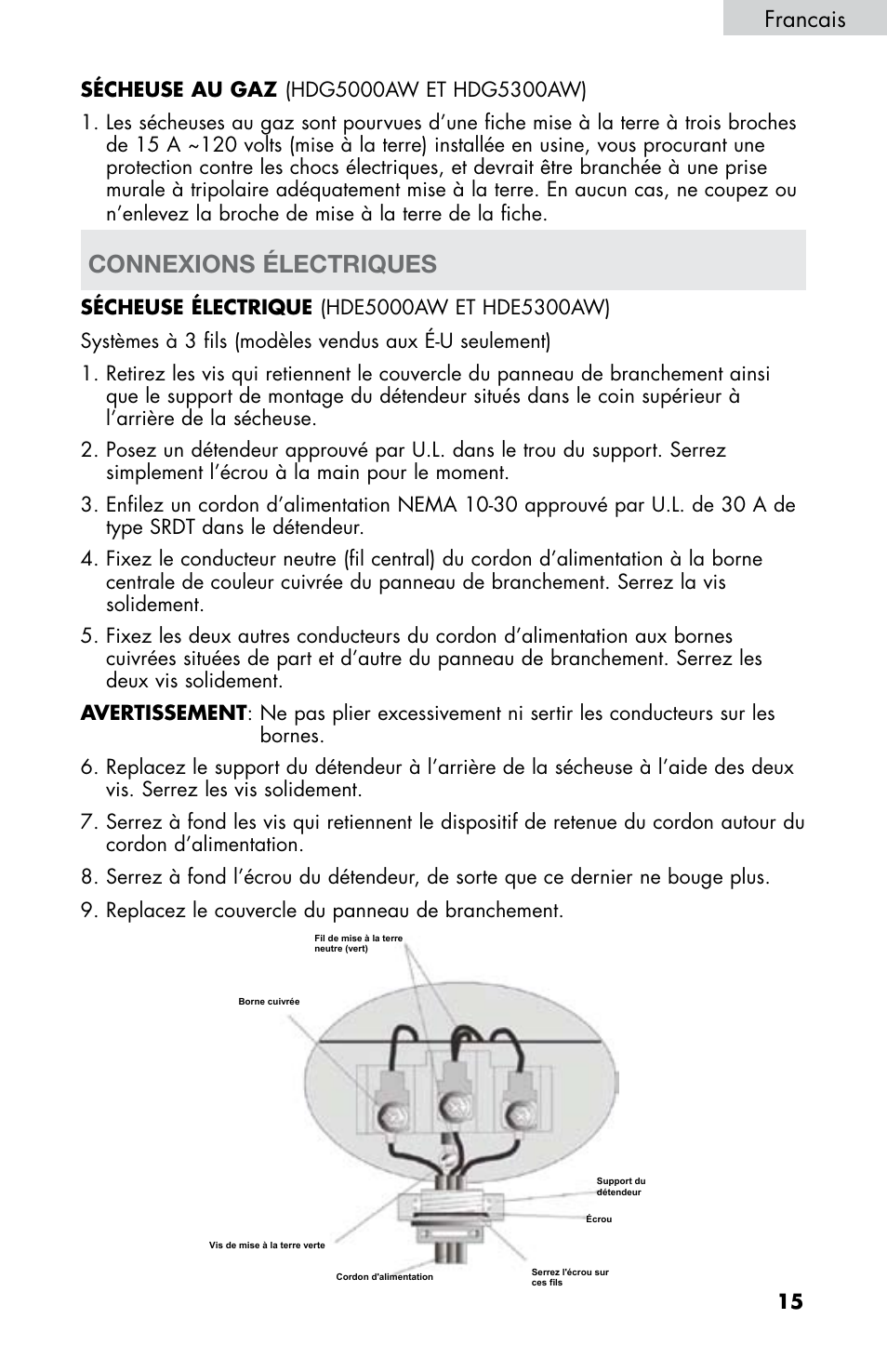 Connexions électriques, Francais | haier CHDE5300AW User Manual | Page 51 / 107