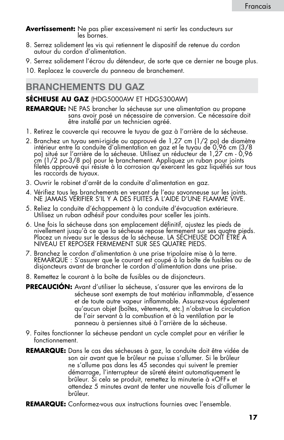 Branchements du gaz | haier CHDE5300AW User Manual | Page 53 / 107