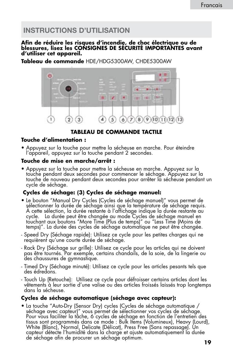 Instructions d’utilisation, Francais | haier CHDE5300AW User Manual | Page 55 / 107