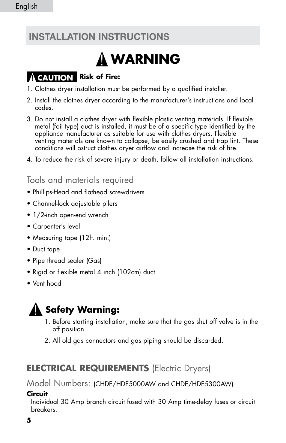 Warning, Installation instructions, Tools and materials required | Safety warning | haier CHDE5300AW User Manual | Page 6 / 107