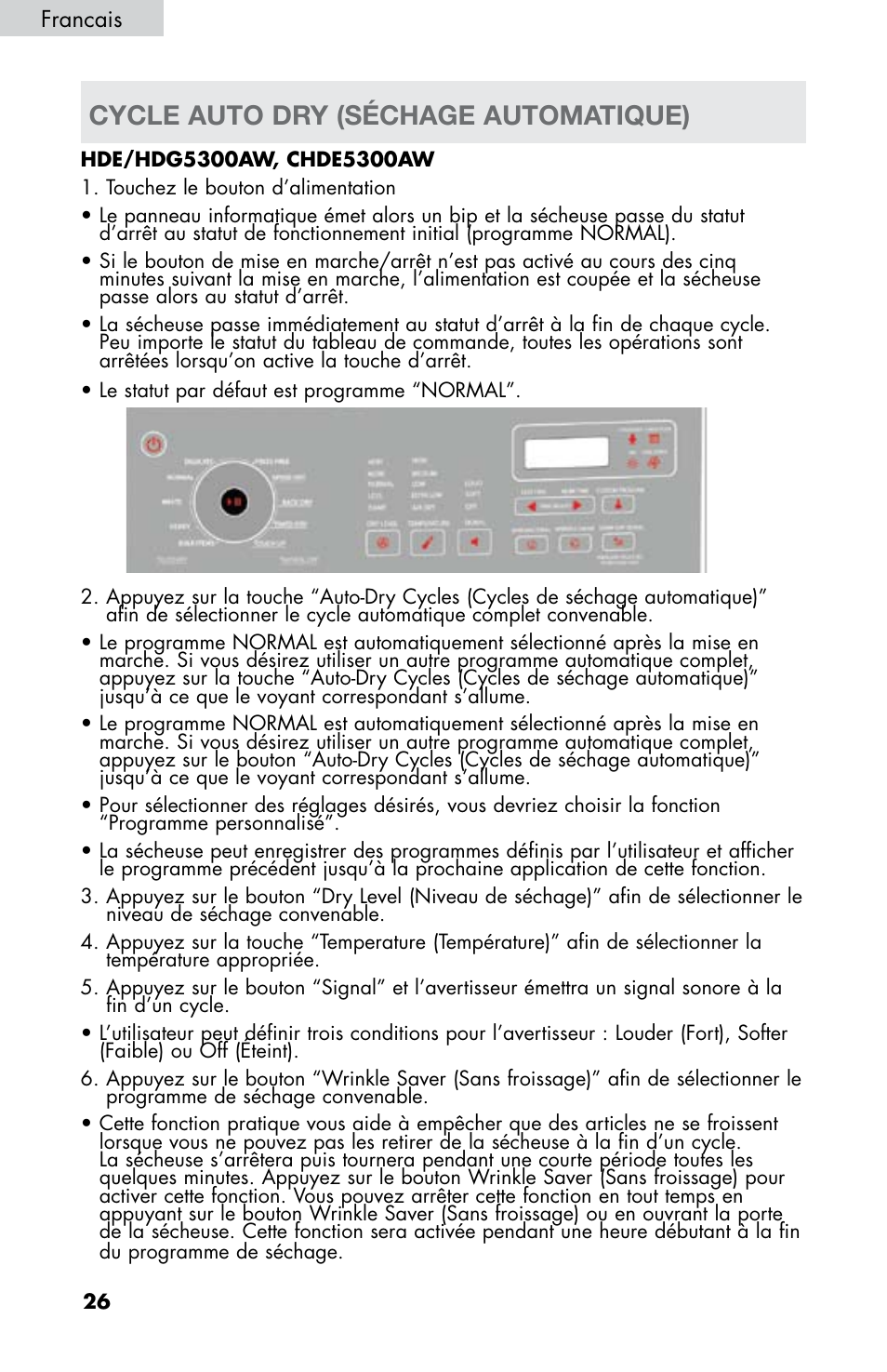 Cycle auto dry (séchage automatique) | haier CHDE5300AW User Manual | Page 62 / 107