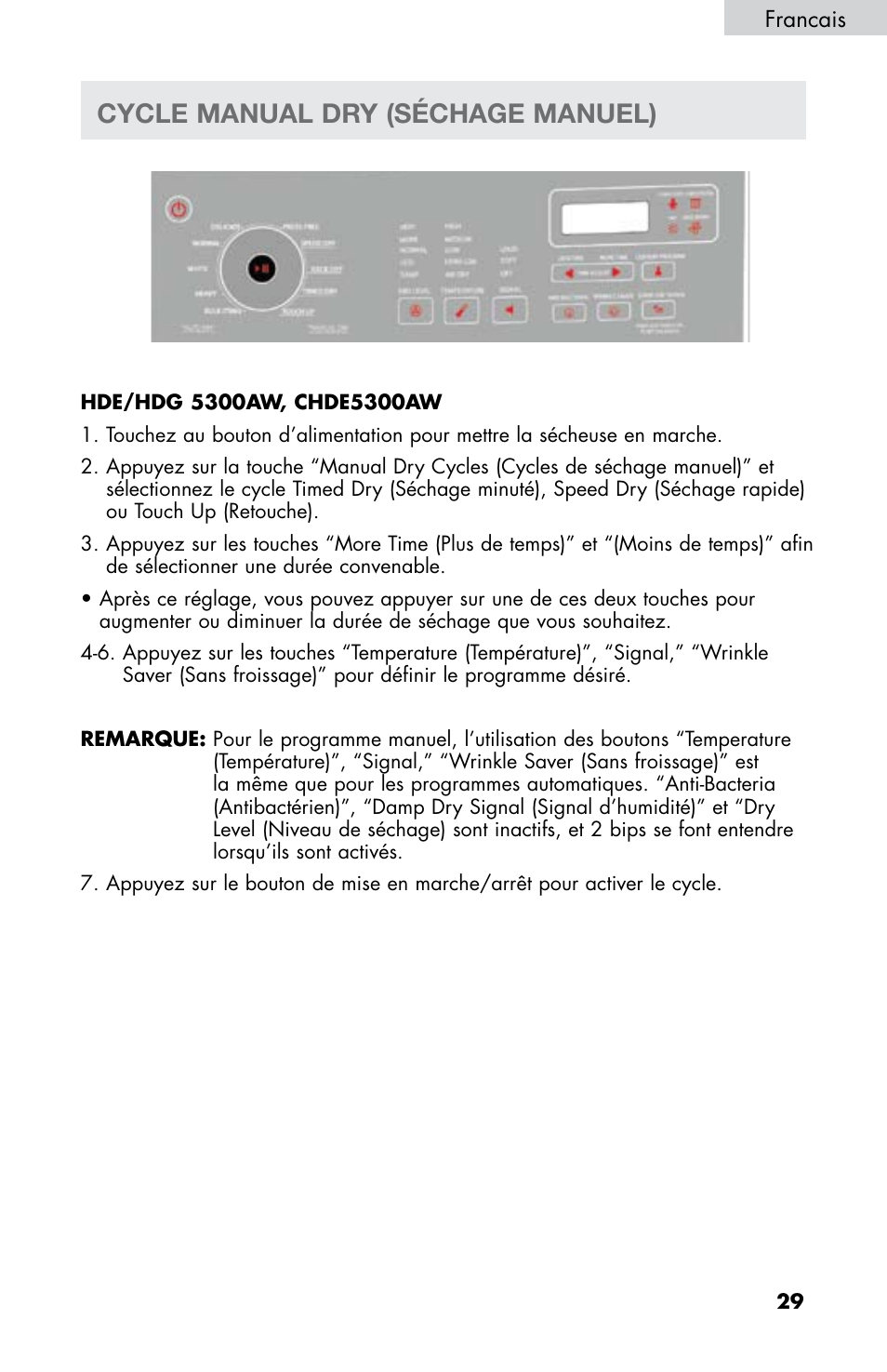 Cycle manual dry (séchage manuel) | haier CHDE5300AW User Manual | Page 65 / 107