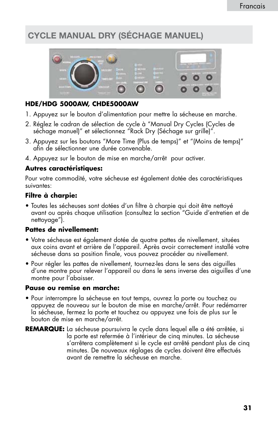 Cycle manual dry (séchage manuel) | haier CHDE5300AW User Manual | Page 67 / 107