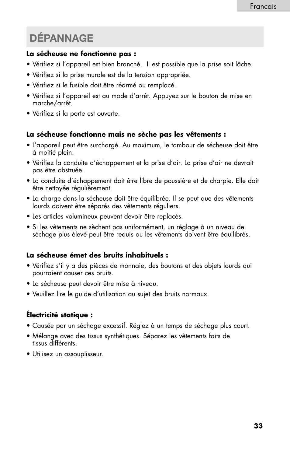 Dépannage | haier CHDE5300AW User Manual | Page 69 / 107