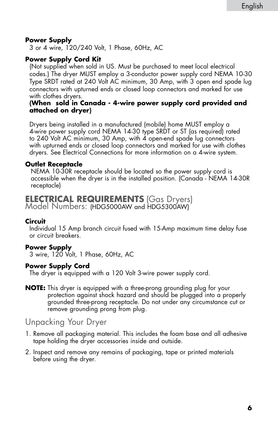 Electrical requirements, Gas dryers) model numbers, Unpacking your dryer | haier CHDE5300AW User Manual | Page 7 / 107