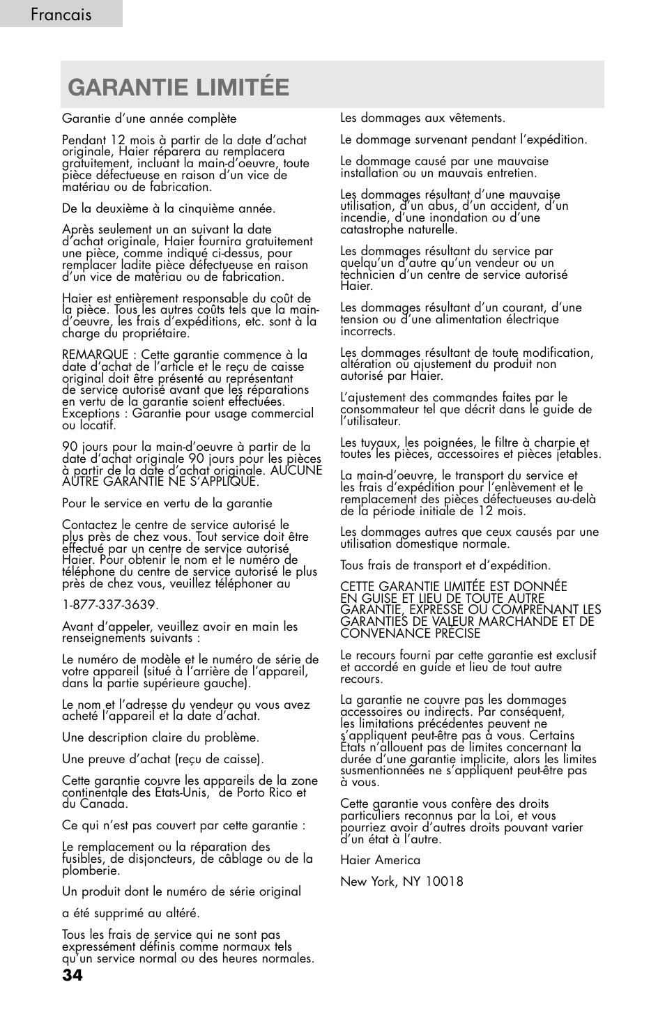 Garantie limitée, Francais | haier CHDE5300AW User Manual | Page 70 / 107