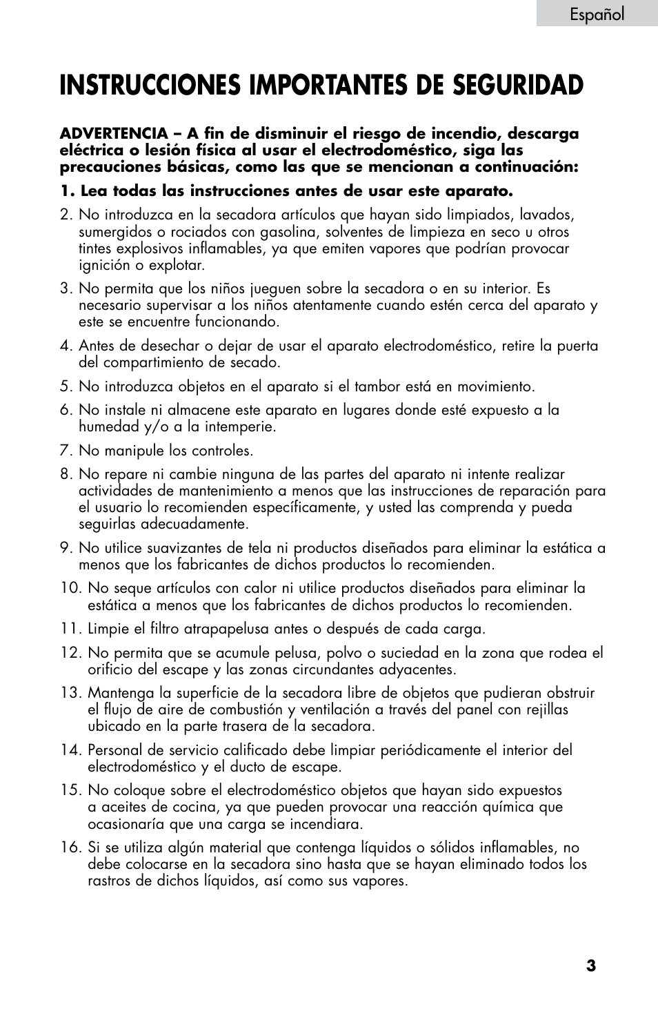 Instrucciones importantes de seguridad | haier CHDE5300AW User Manual | Page 73 / 107