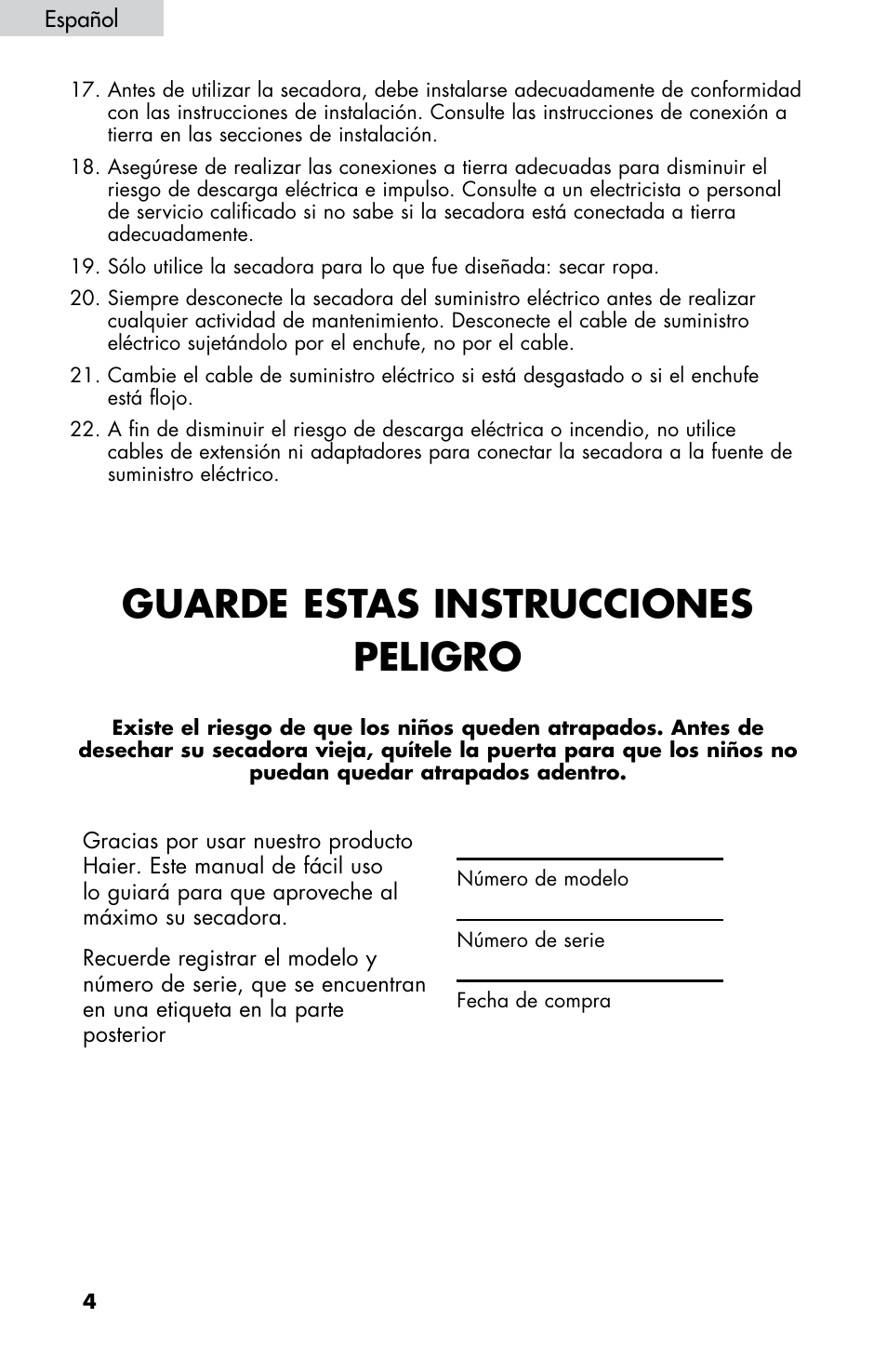 Guarde estas instrucciones peligro | haier CHDE5300AW User Manual | Page 74 / 107