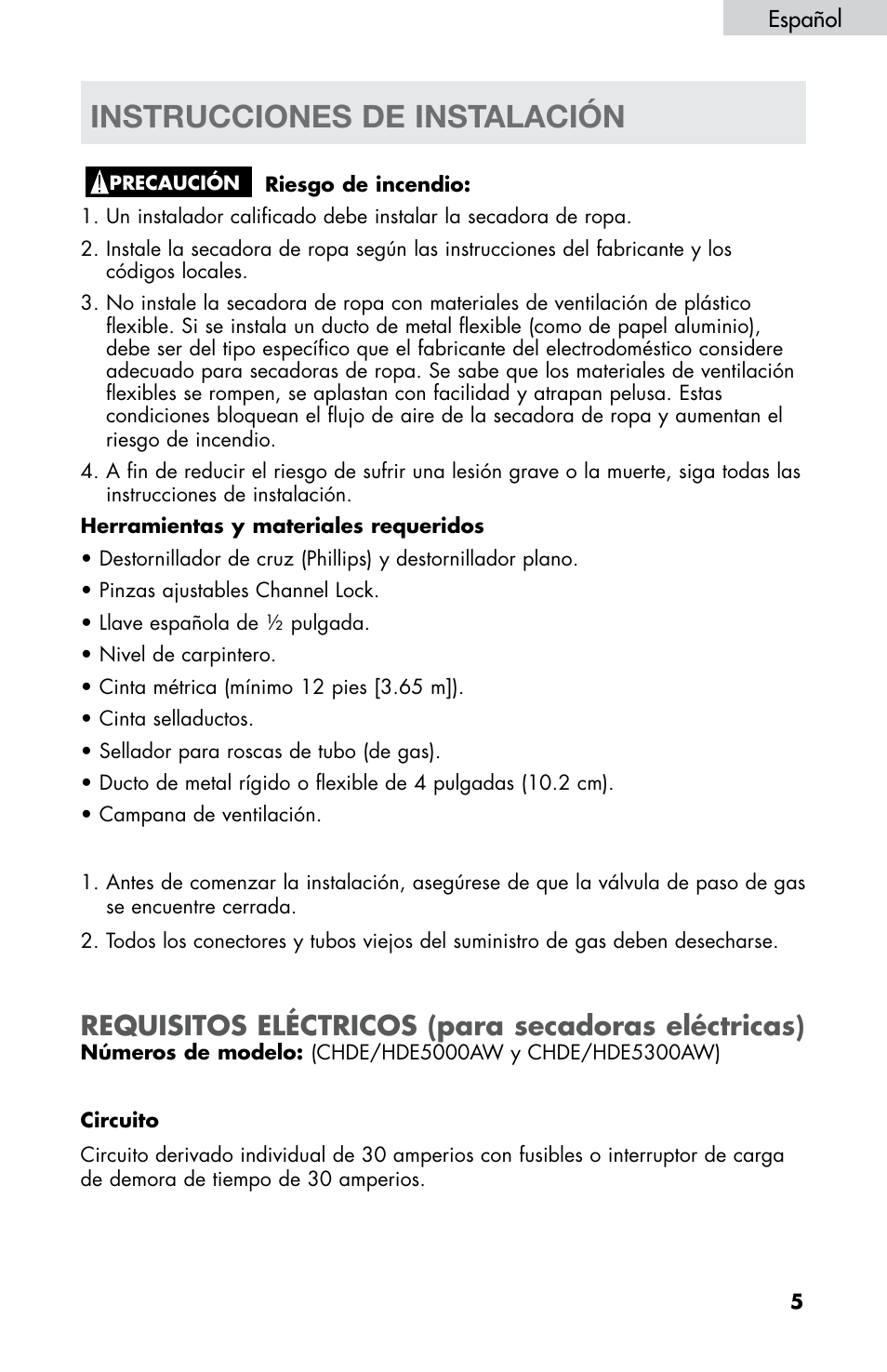 Instrucciones de instalación, Requisitos eléctricos (para secadoras eléctricas) | haier CHDE5300AW User Manual | Page 75 / 107