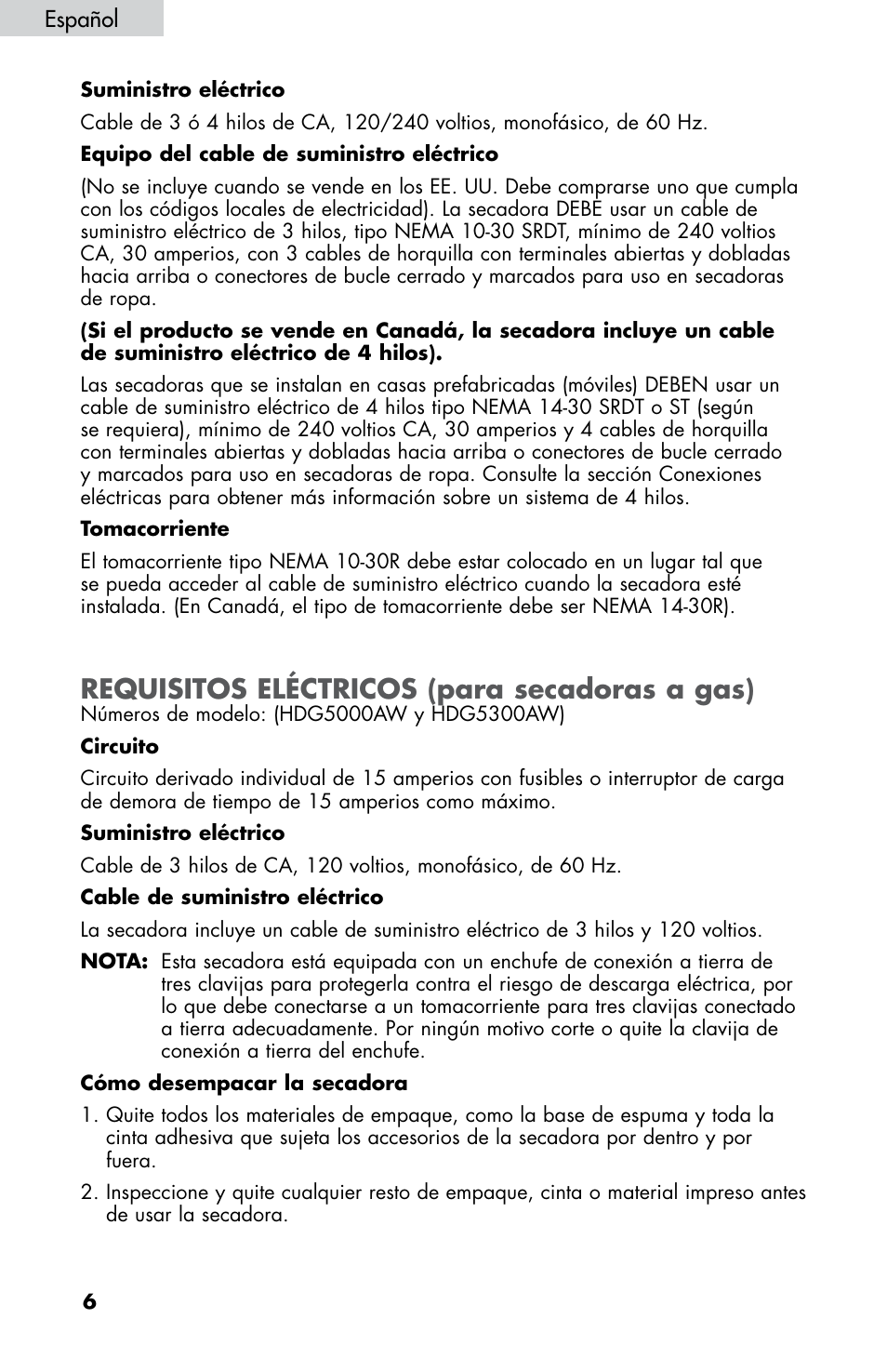 Requisitos eléctricos (para secadoras a gas) | haier CHDE5300AW User Manual | Page 76 / 107