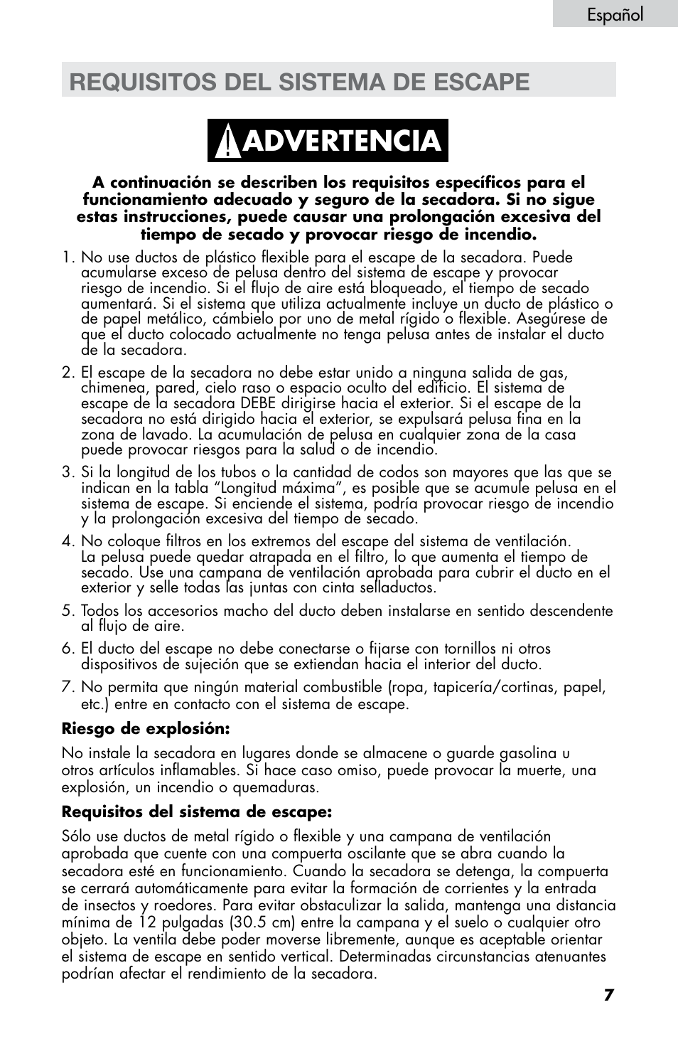 Requisitos del sistema de escape | haier CHDE5300AW User Manual | Page 77 / 107