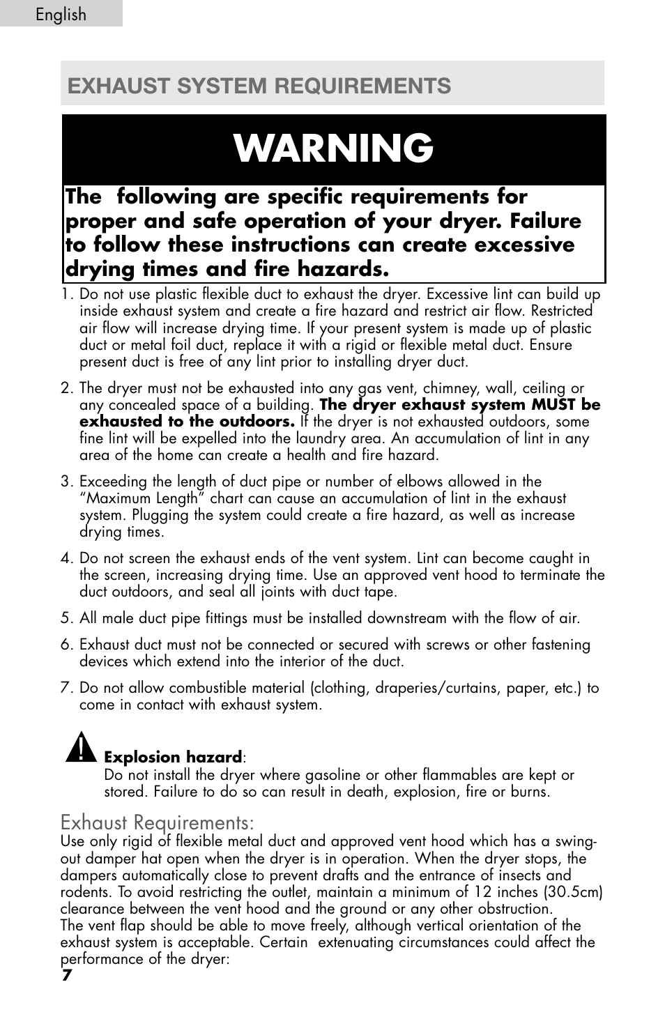 Warning, Exhaust system requirements, Exhaust requirements | haier CHDE5300AW User Manual | Page 8 / 107