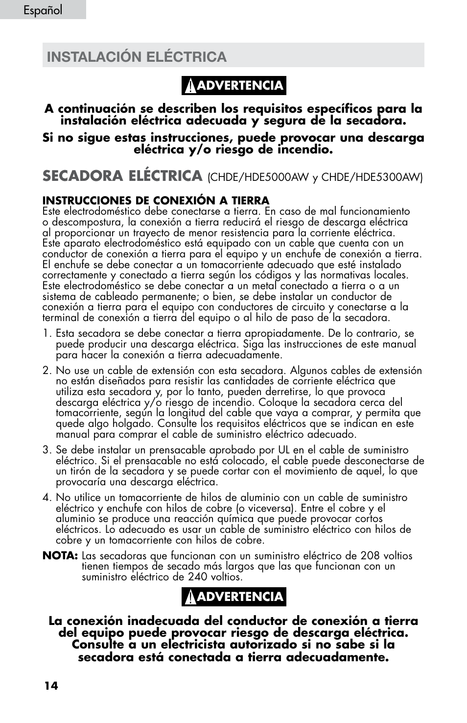 Instalación eléctrica, Secadora eléctrica | haier CHDE5300AW User Manual | Page 84 / 107