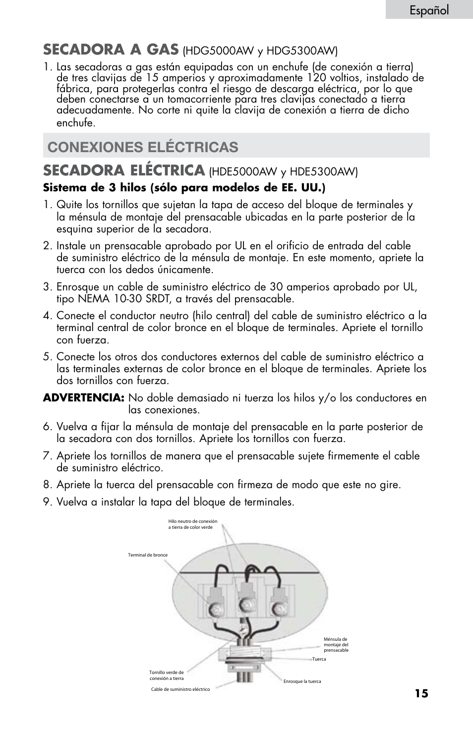 Conexiones eléctricas secadora a gas, Secadora eléctrica, Español | haier CHDE5300AW User Manual | Page 85 / 107