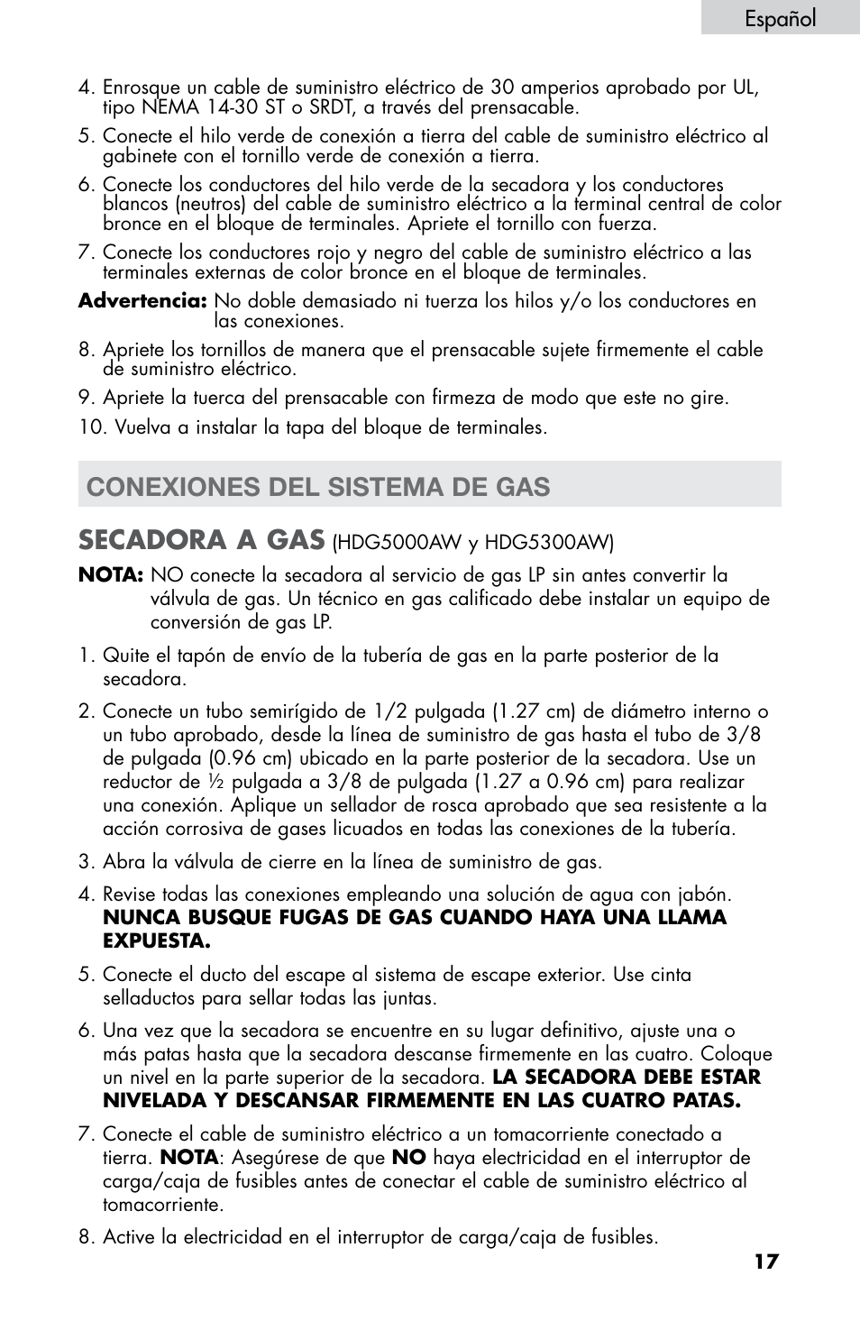 Secadora a gas, Conexiones del sistema de gas | haier CHDE5300AW User Manual | Page 87 / 107