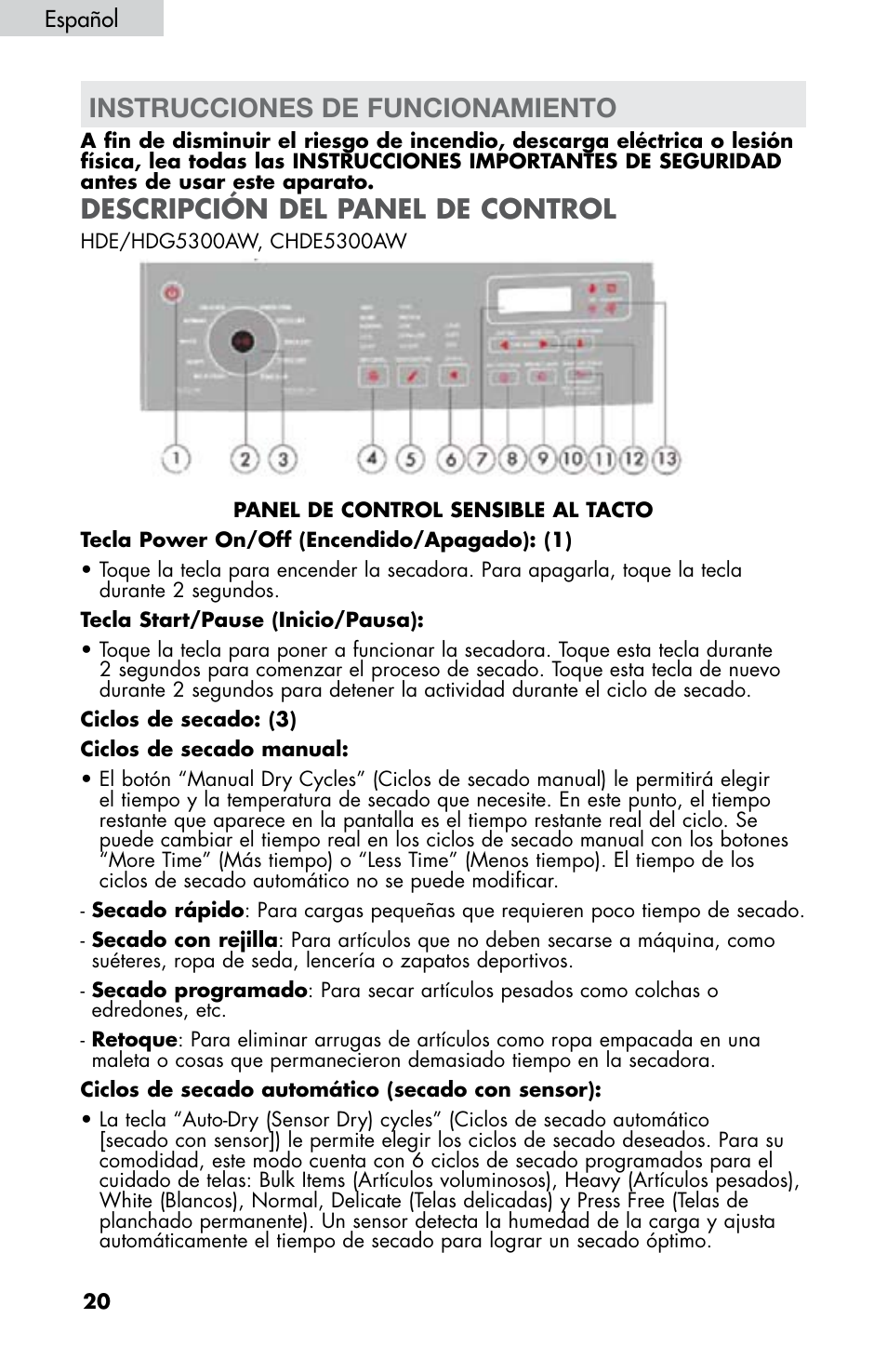 Instrucciones de funcionamiento, Descripción del panel de control, Español | haier CHDE5300AW User Manual | Page 90 / 107