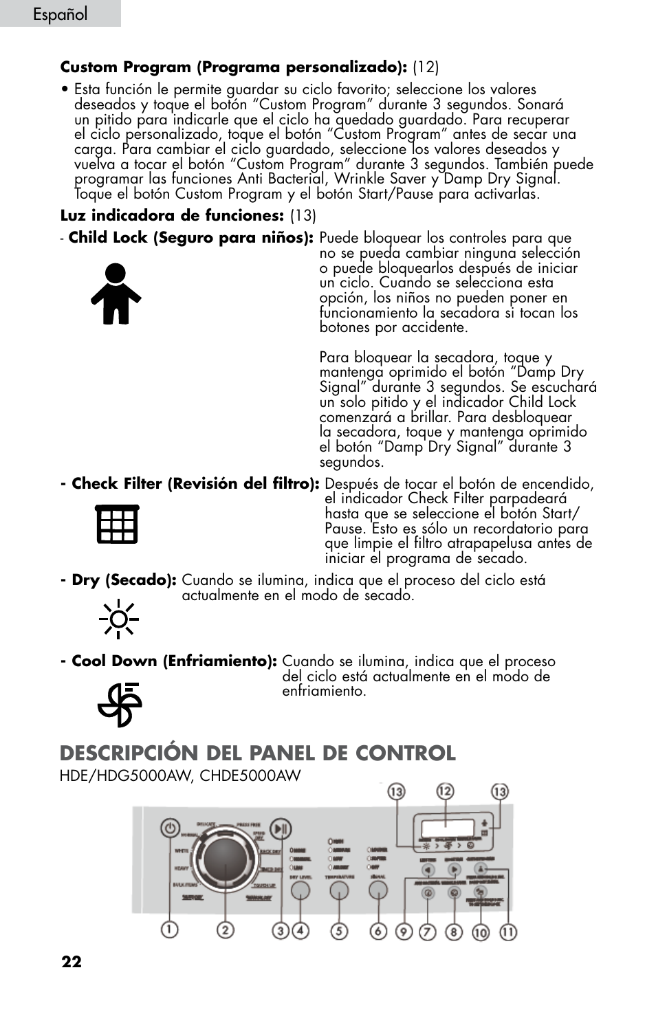 Descripción del panel de control | haier CHDE5300AW User Manual | Page 92 / 107