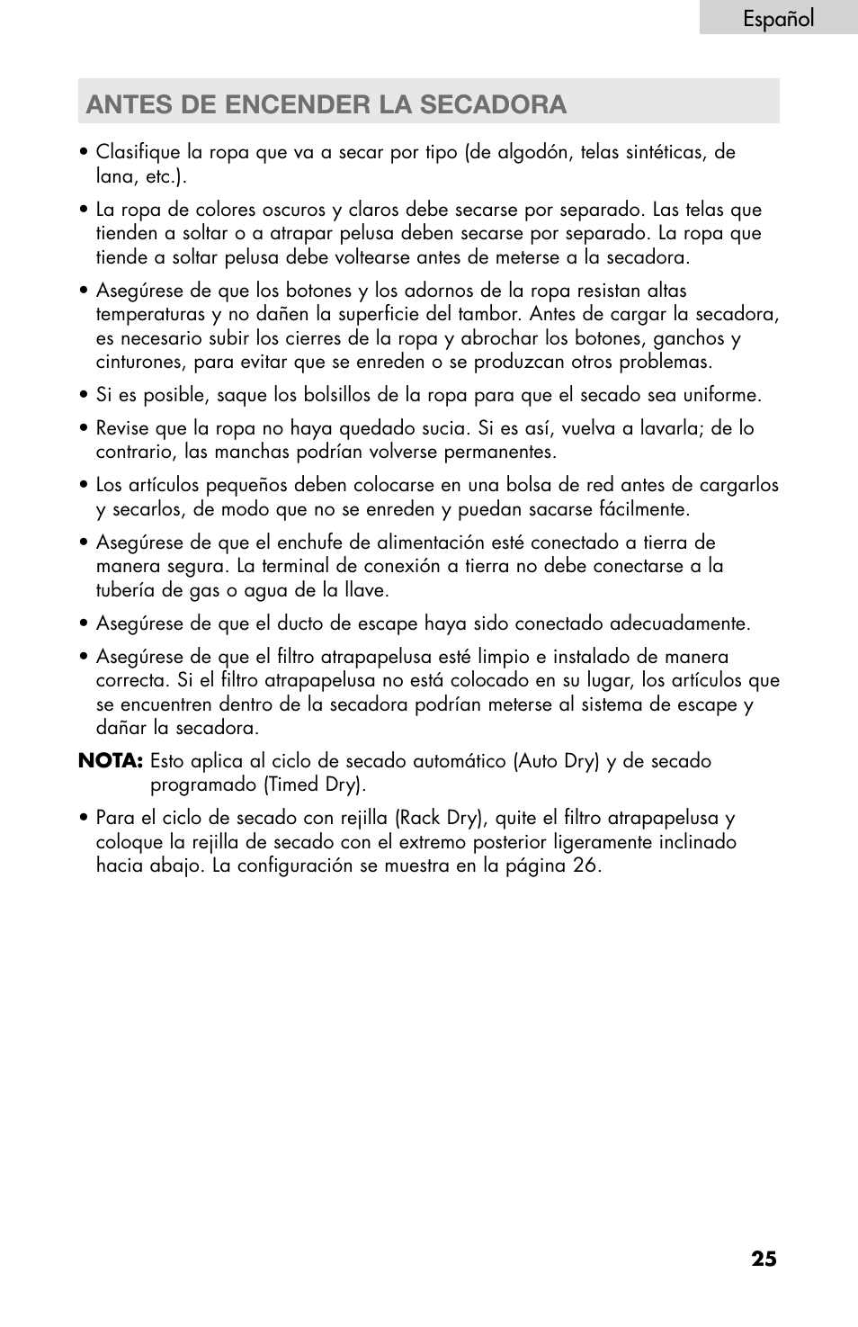 Antes de encender la secadora | haier CHDE5300AW User Manual | Page 95 / 107
