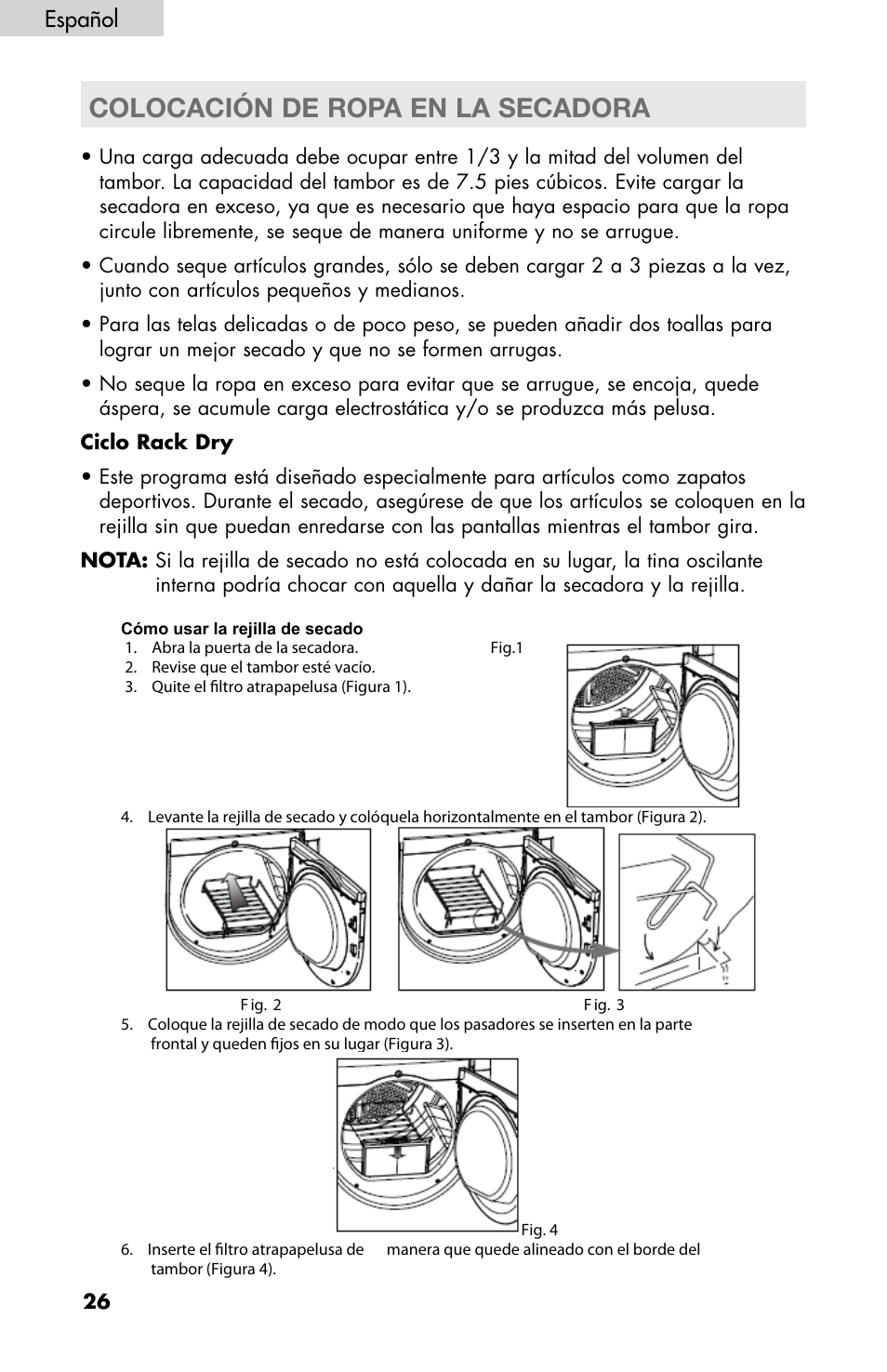 Colocación de ropa en la secadora, Español | haier CHDE5300AW User Manual | Page 96 / 107