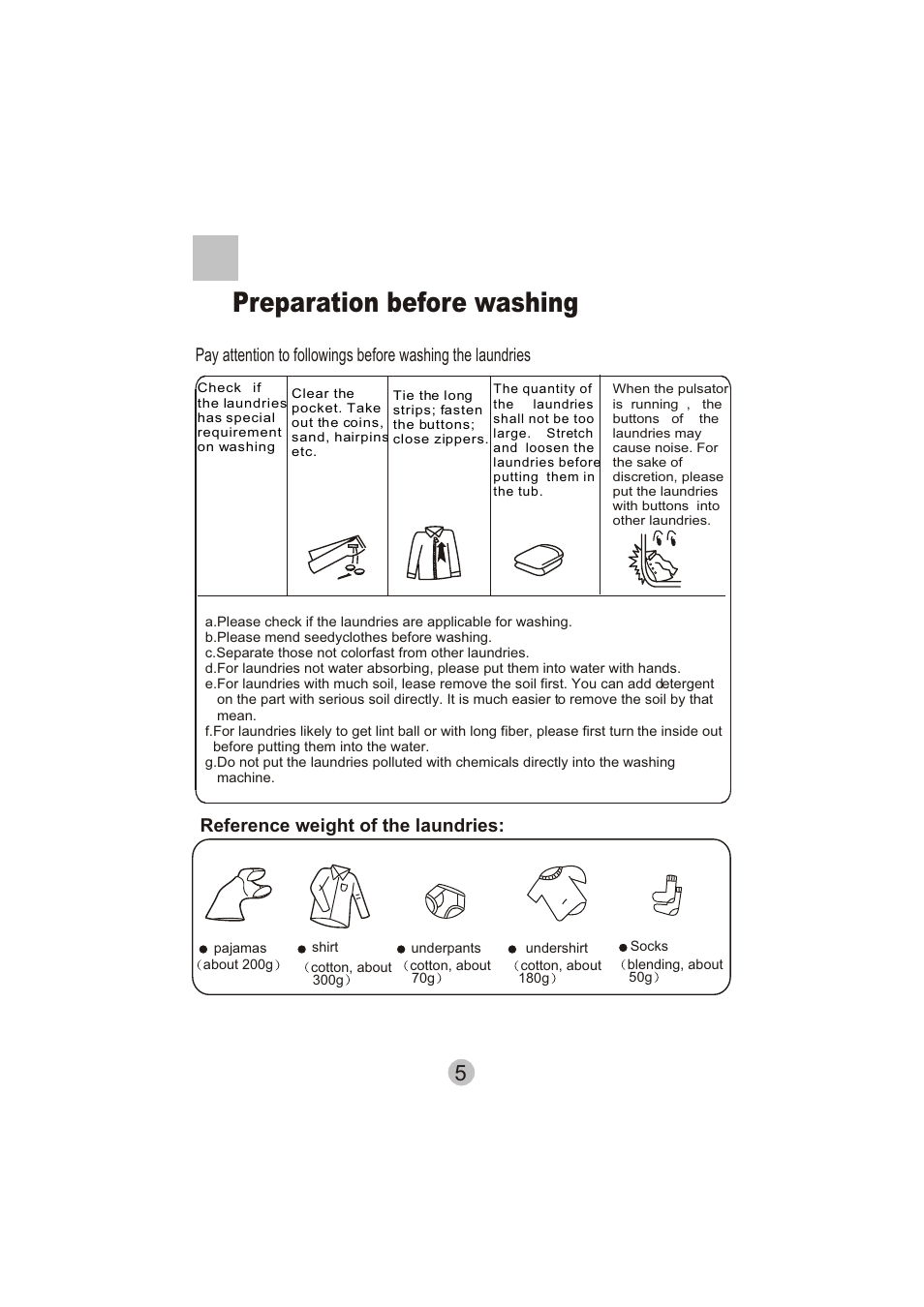 Preparation before washing, Reference weight of the laundries | haier HWM20-0701 User Manual | Page 7 / 12